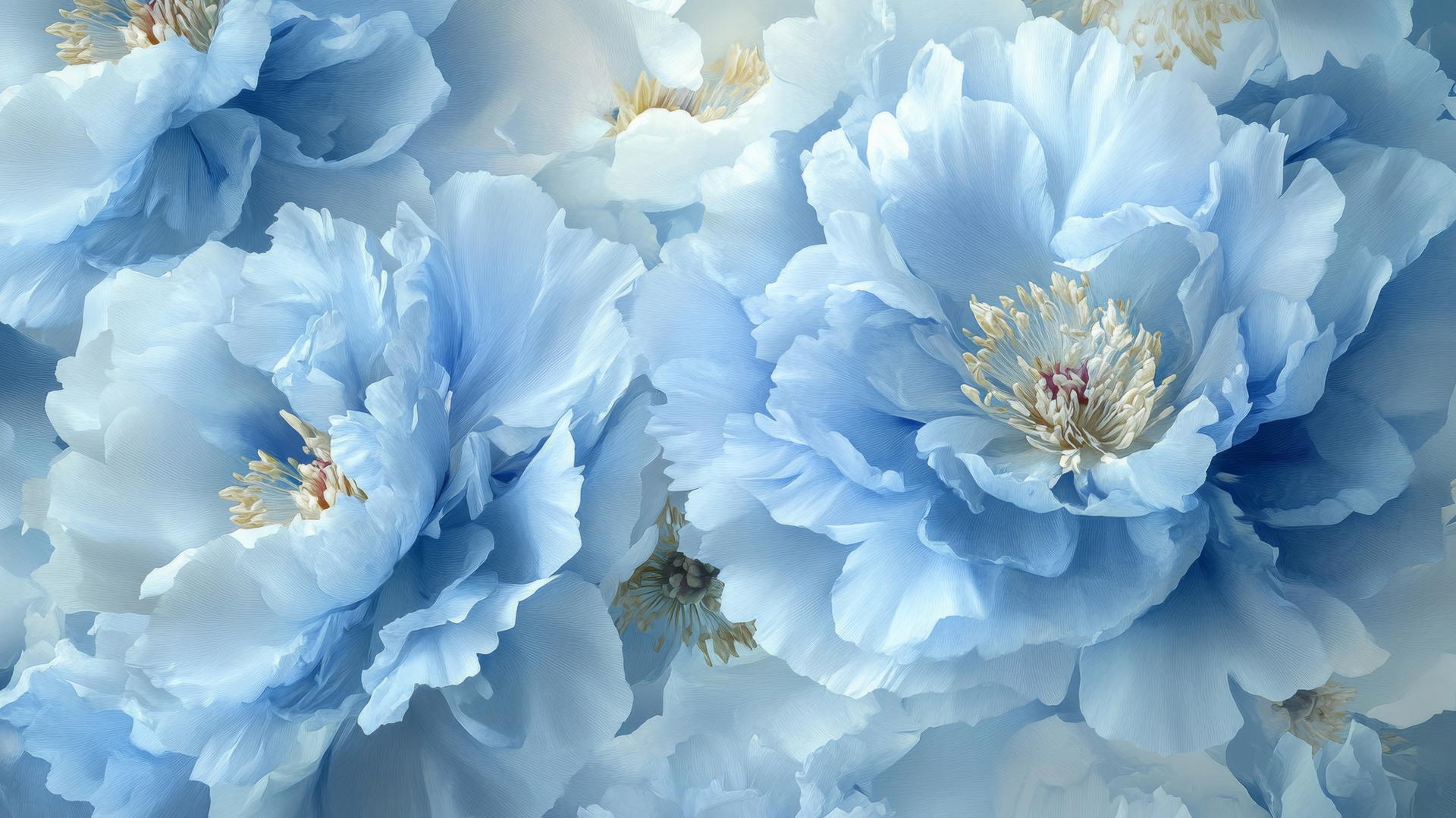 blue floral wallpaper with lush blue peonies in full bloom against a muted blue backdrop