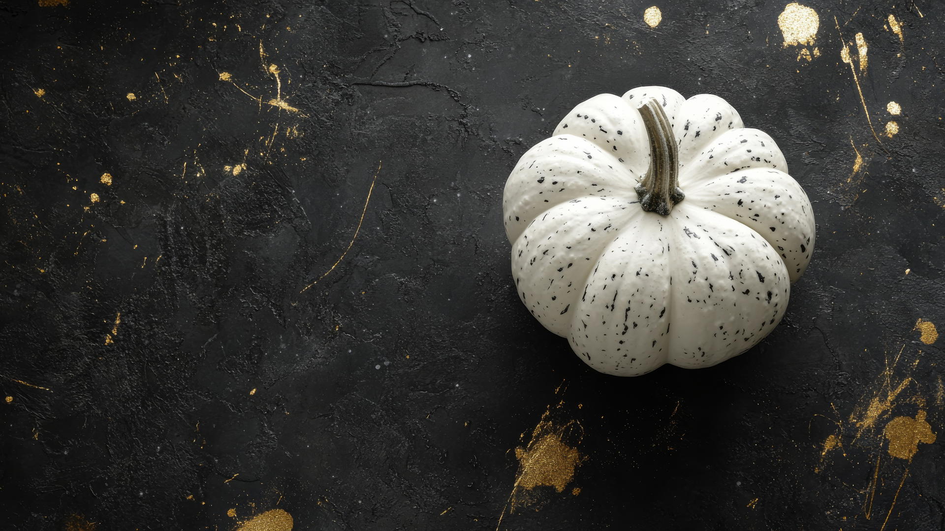 Aesthetic Thanksgiving wallpaper with a minimalist design of a white pumpkin on a dark slate background, accented by gold ink splatters and brushstrokes.