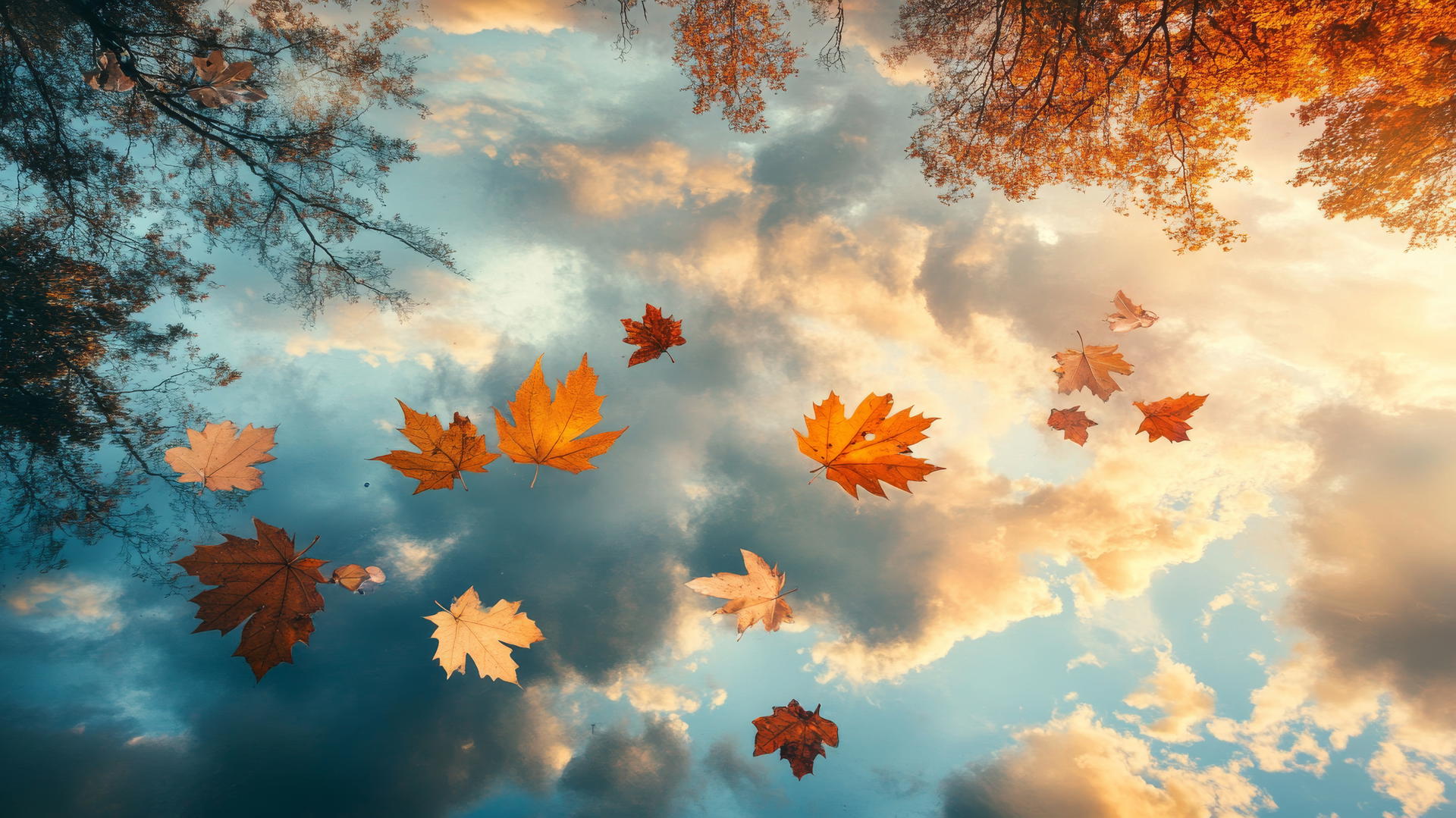 aesthetic thanksgiving wallpaper with golden leaves floating above a mirror-like pond reflecting a cloudy autumn sky