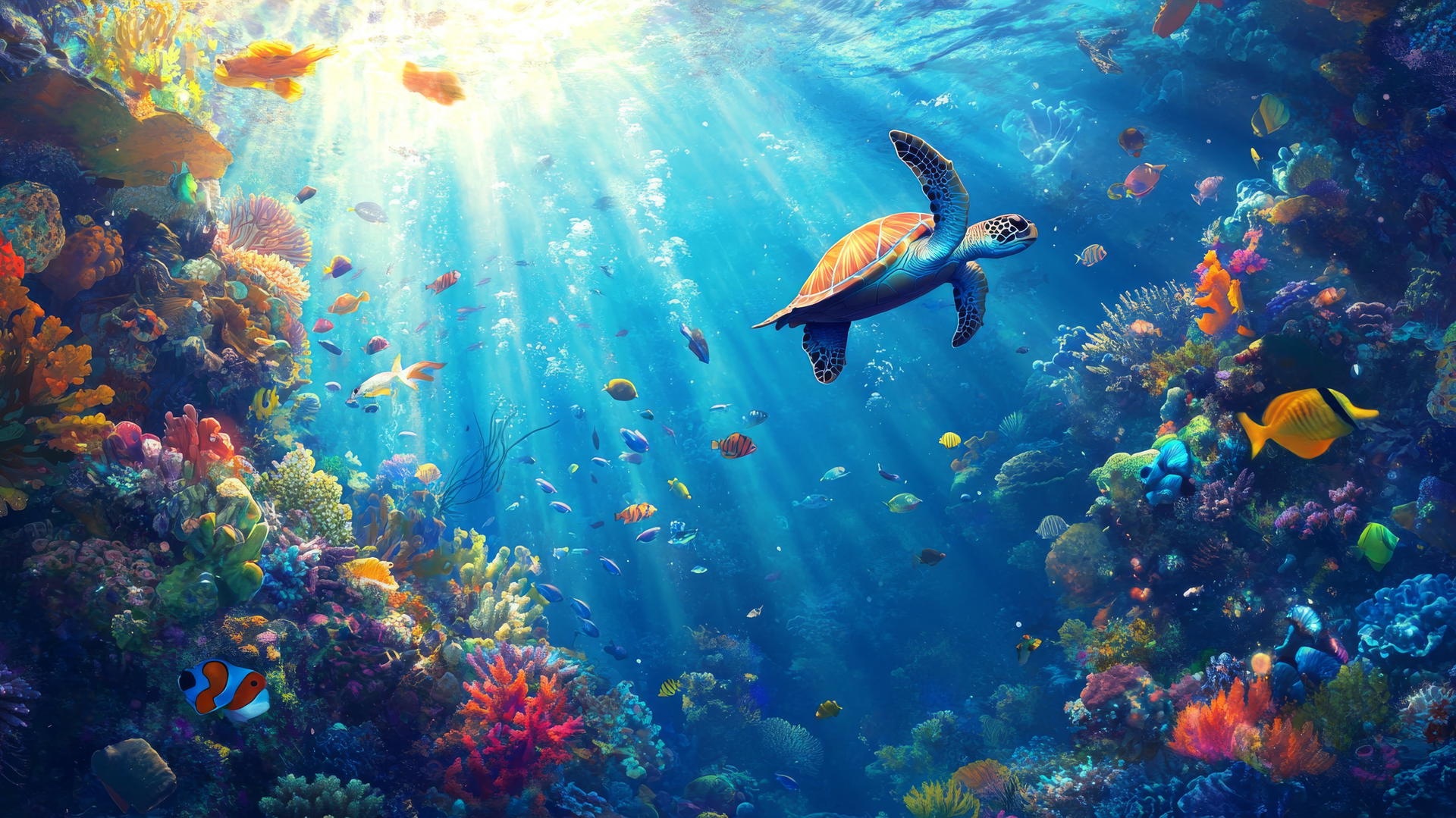 Summer wallpaper with vibrant coral reef, colorful fish, sea turtles, and sunlight rays