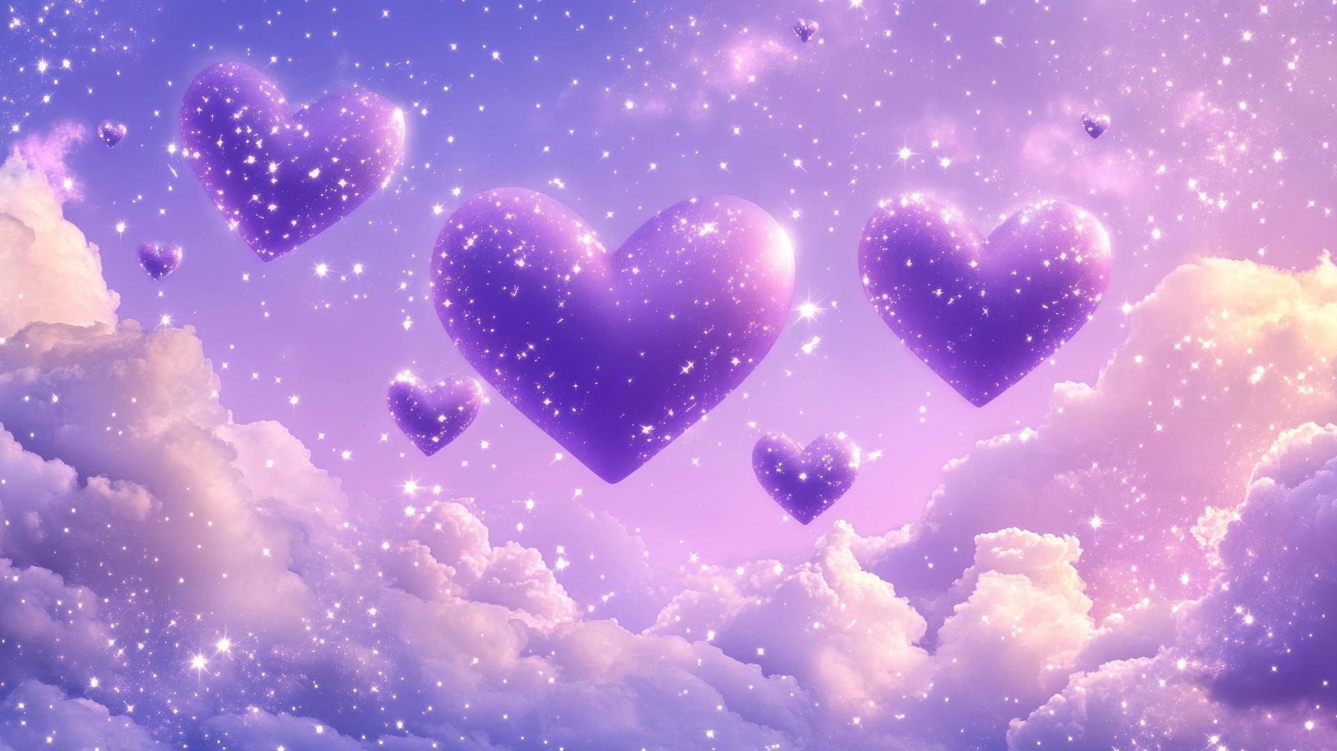 purple heart wallpaper with hearts floating in a dreamy purple sky, surrounded by fluffy clouds, tiny stars, and sparkles