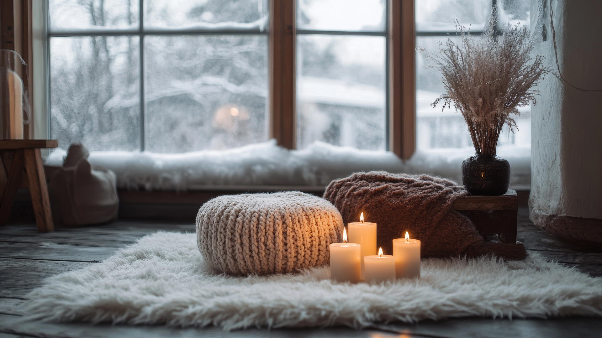Aesthetic winter wallpaper with Scandinavian-inspired interior, wooden furniture, white rugs, and glowing candles by a frosted window.