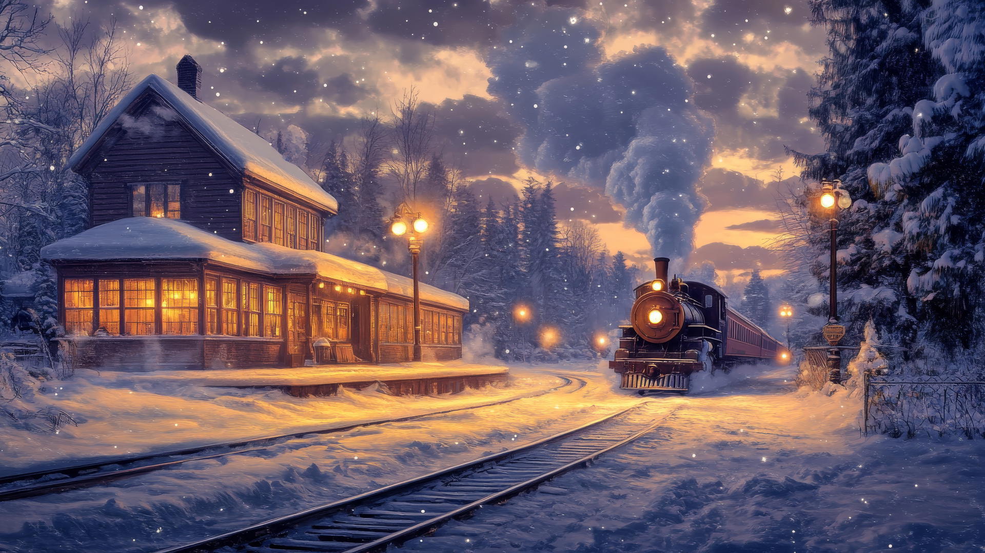 winter background wallpaper of a snow-covered train station at dusk with a vintage steam train