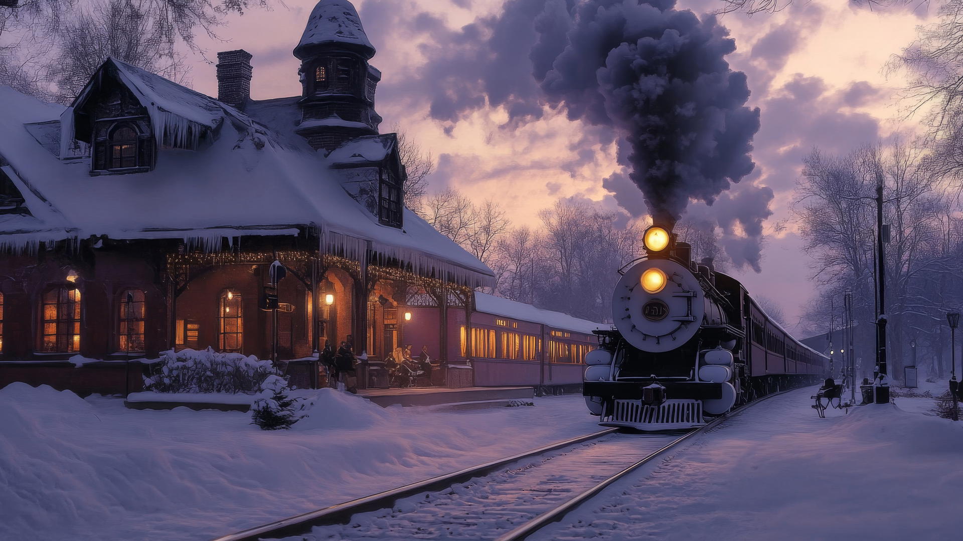 winter background wallpaper showing a quiet, snow-covered train station at dusk, with a vintage steam train arriving