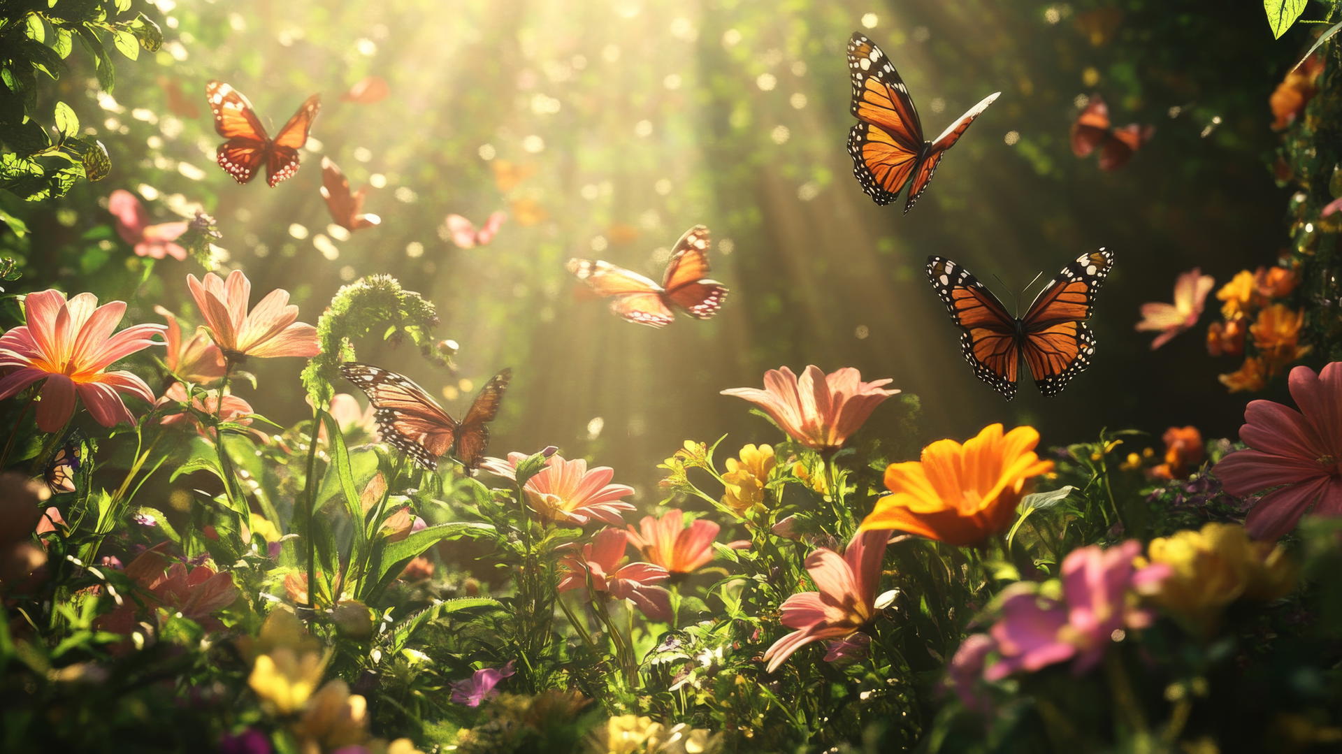 spring aesthetic wallpaper featuring butterflies in a whimsical garden