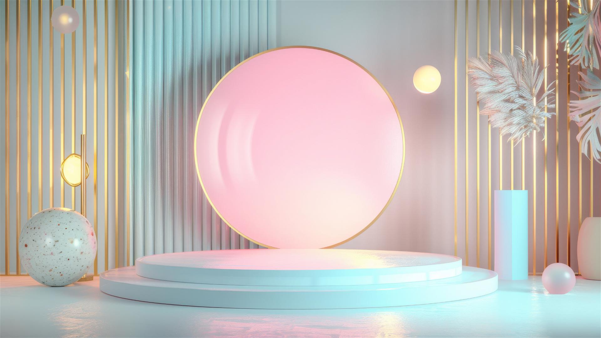 Minimalist stage with neon pink and white background, art deco shapes in blue and gold.