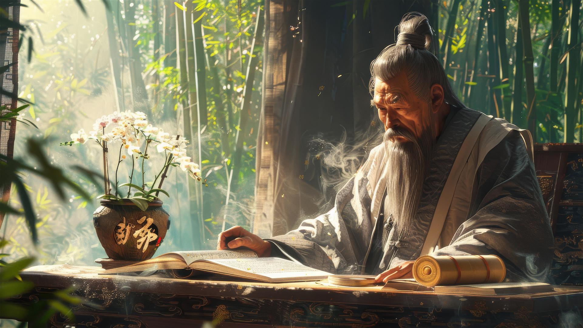 Confucius in traditional clothes reading ancient book by window with bamboo forest