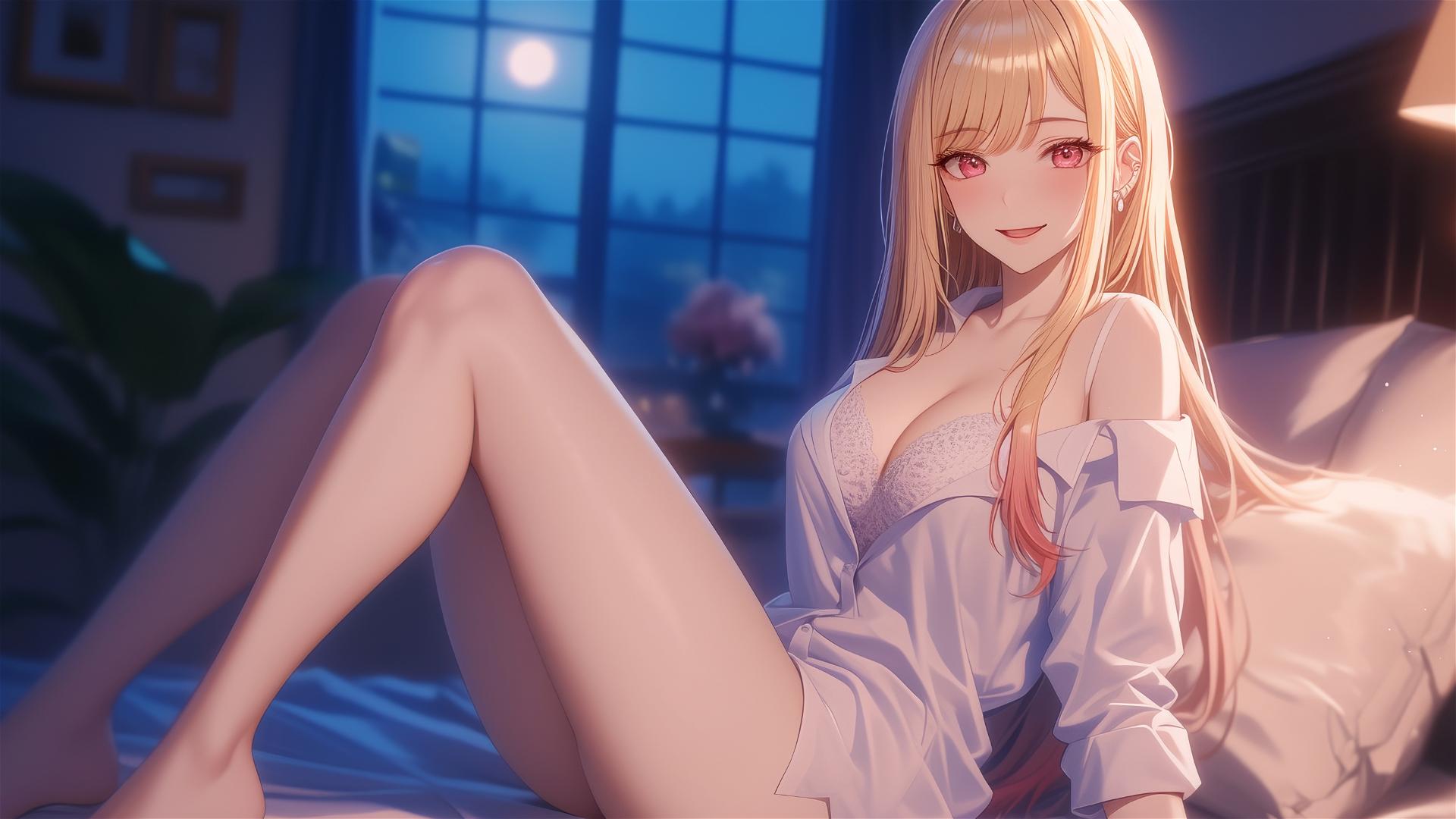 Marin Kitagawa from Kurikami City sitting on a hotel bed in moonlight