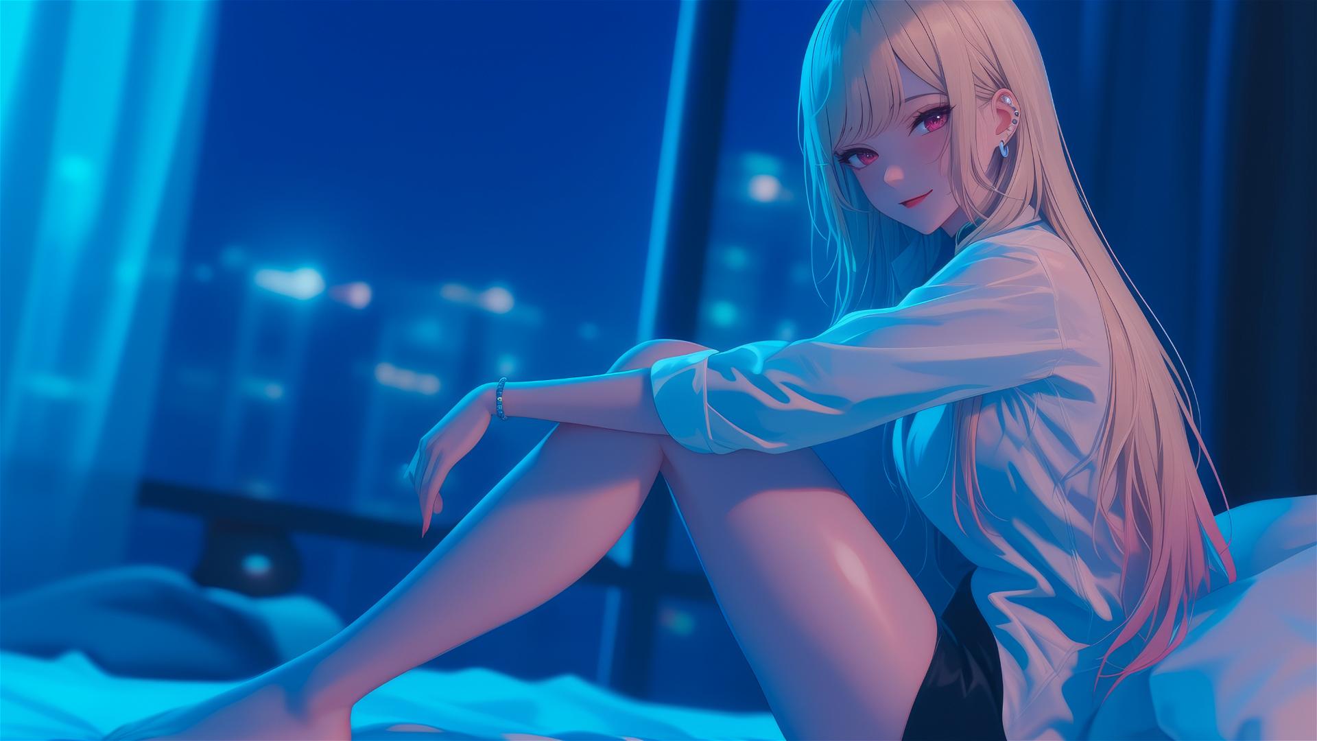 Marin Kitagawa from Kurikami City sitting on a hotel bed in moonlight