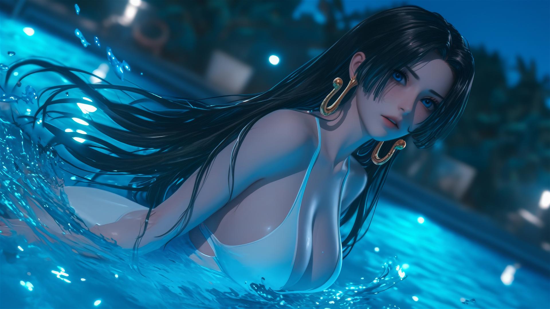 Boa Hancock jumping out of a swimming pool under moonlight