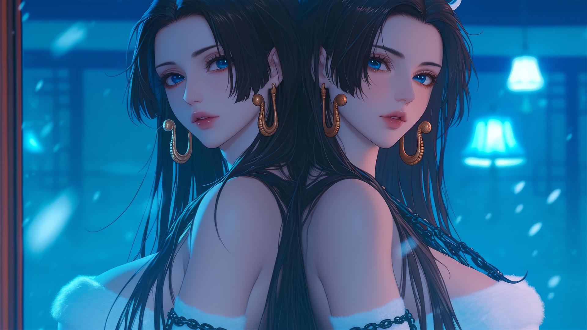 Boa Hancock in neon-lit Christmas attire with iron chains