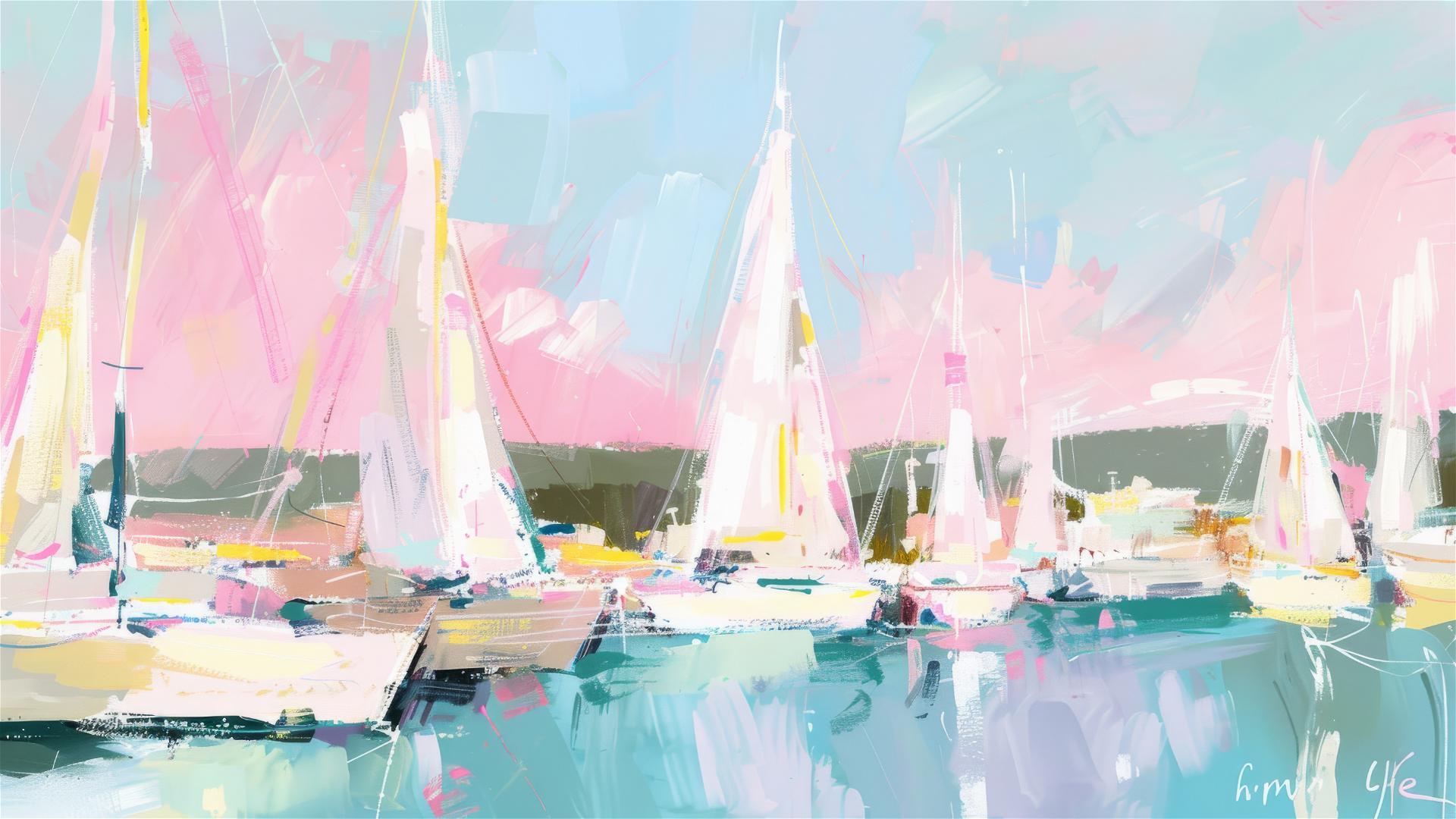 Pastel sailboats with flat style at marina, calm scenery by Wona Lifsches