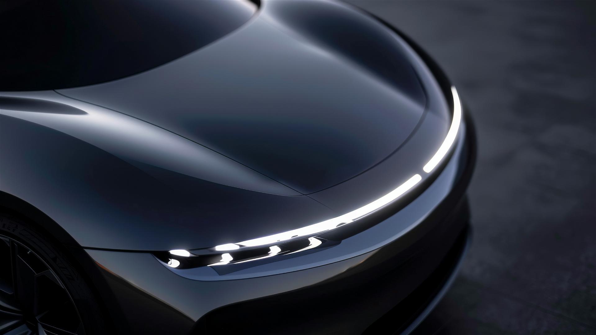 Close up of electric coupe concept car's headlights with thin LED strip and shark nose.