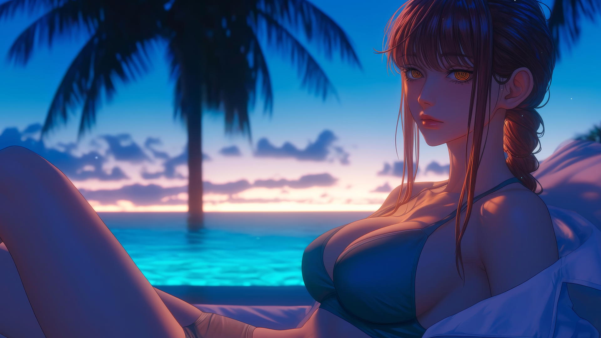 Makima from Chainsaw Man resting at sea during a romantic neon pink sunset