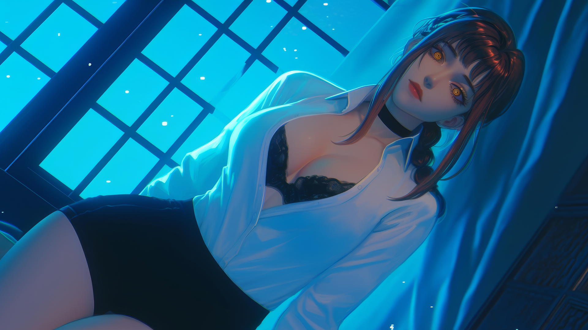 Makima from Chainsaw Man kneeling and looking down in a neon-lit hotel room.