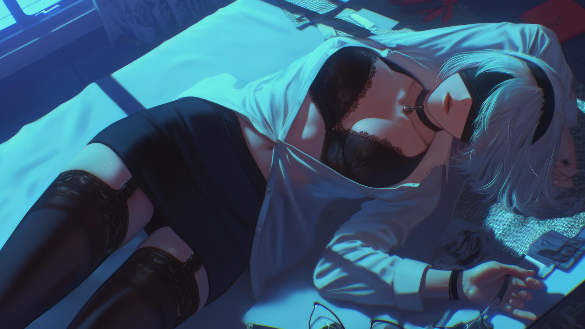 2B from Nier kneeling, wearing a white shirt and black blindfold in neon-lit room