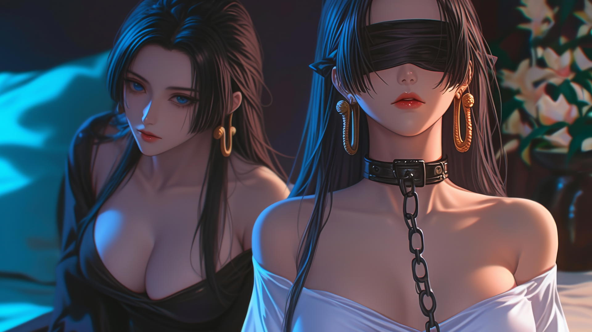 Boa Hancock from One Piece kneeling in a cozy modern hotel, wearing a blindfold, with romantic neon lighting.