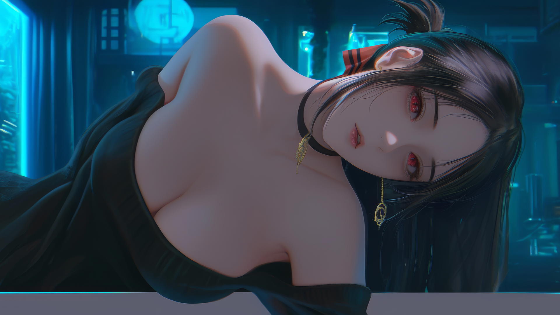 Kaguya Shinomiya from Kaguya-sama wa Kokurasetai kneeling, red eyes, broken sweater, neon ceiling light glow.