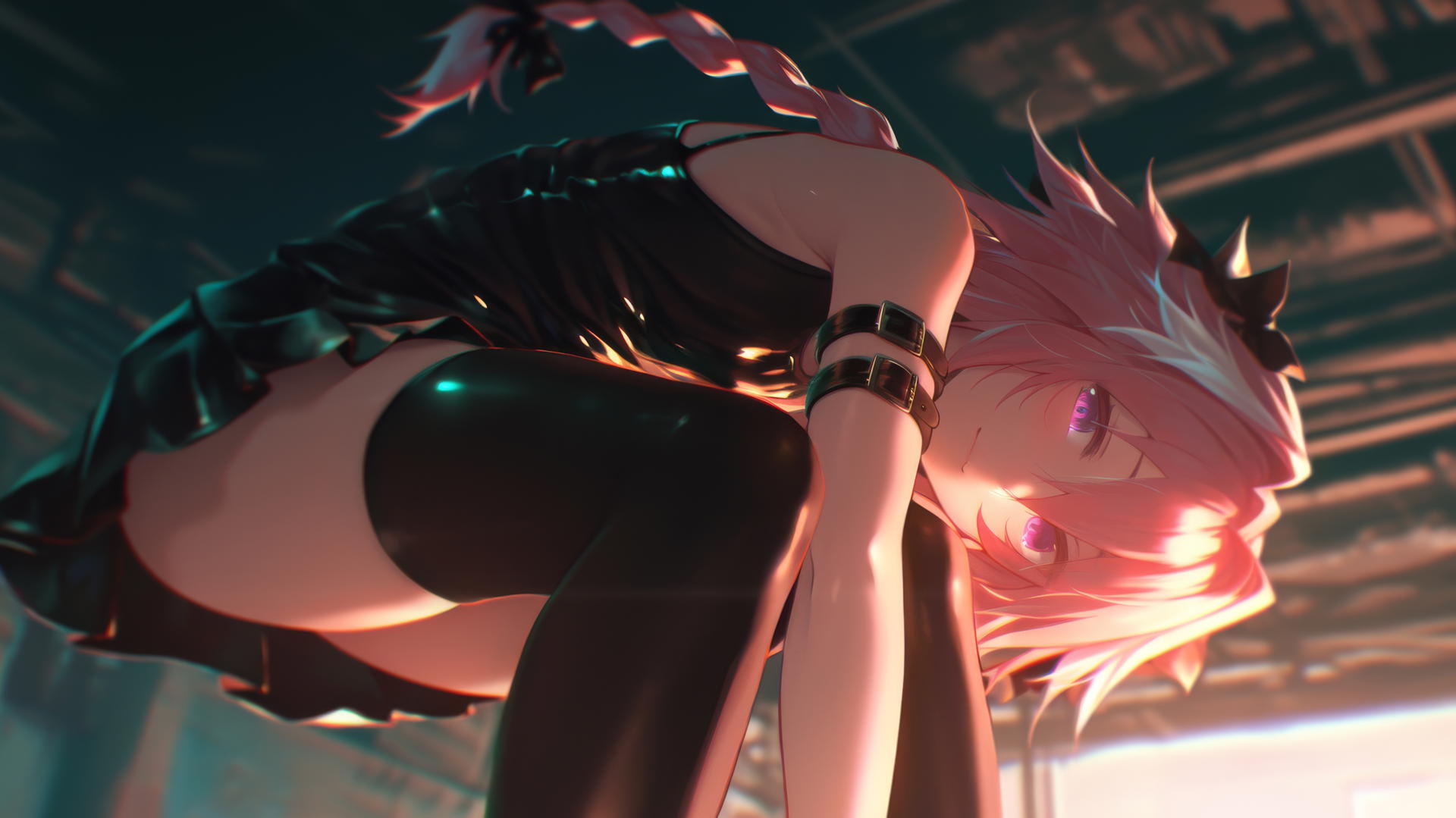 Astolfo kneeling and leaning toward the viewer with a ceiling background