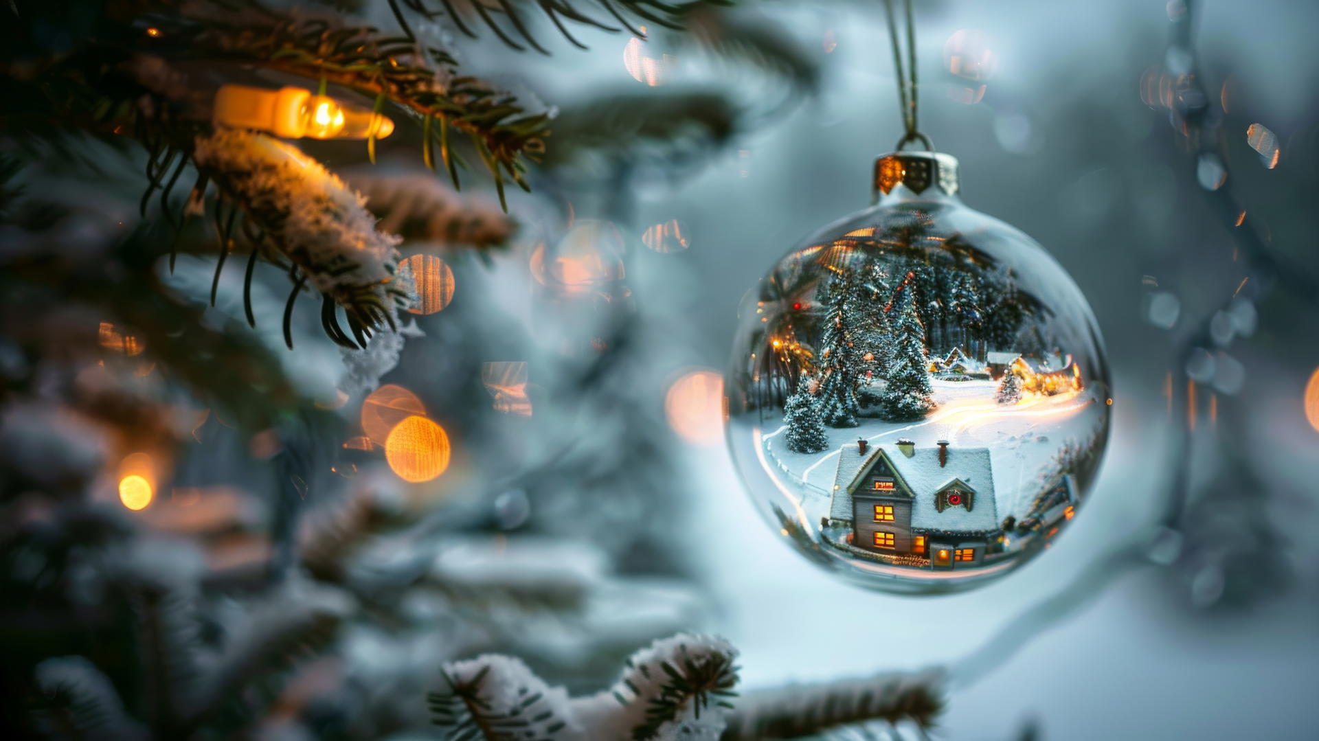 Glass Christmas balls on a tree with miniature glowing villages inside.
