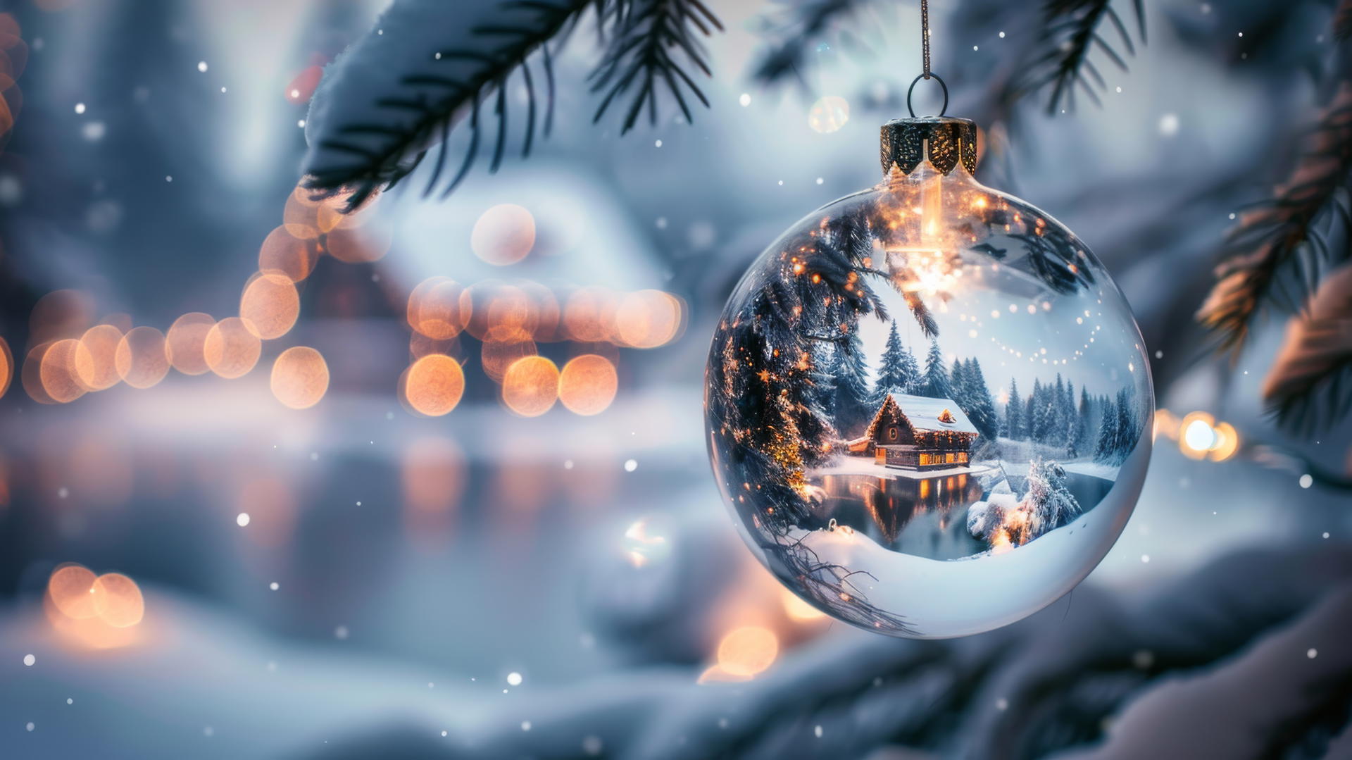 Glass Christmas balls with snowy villages glowing warmly on tree