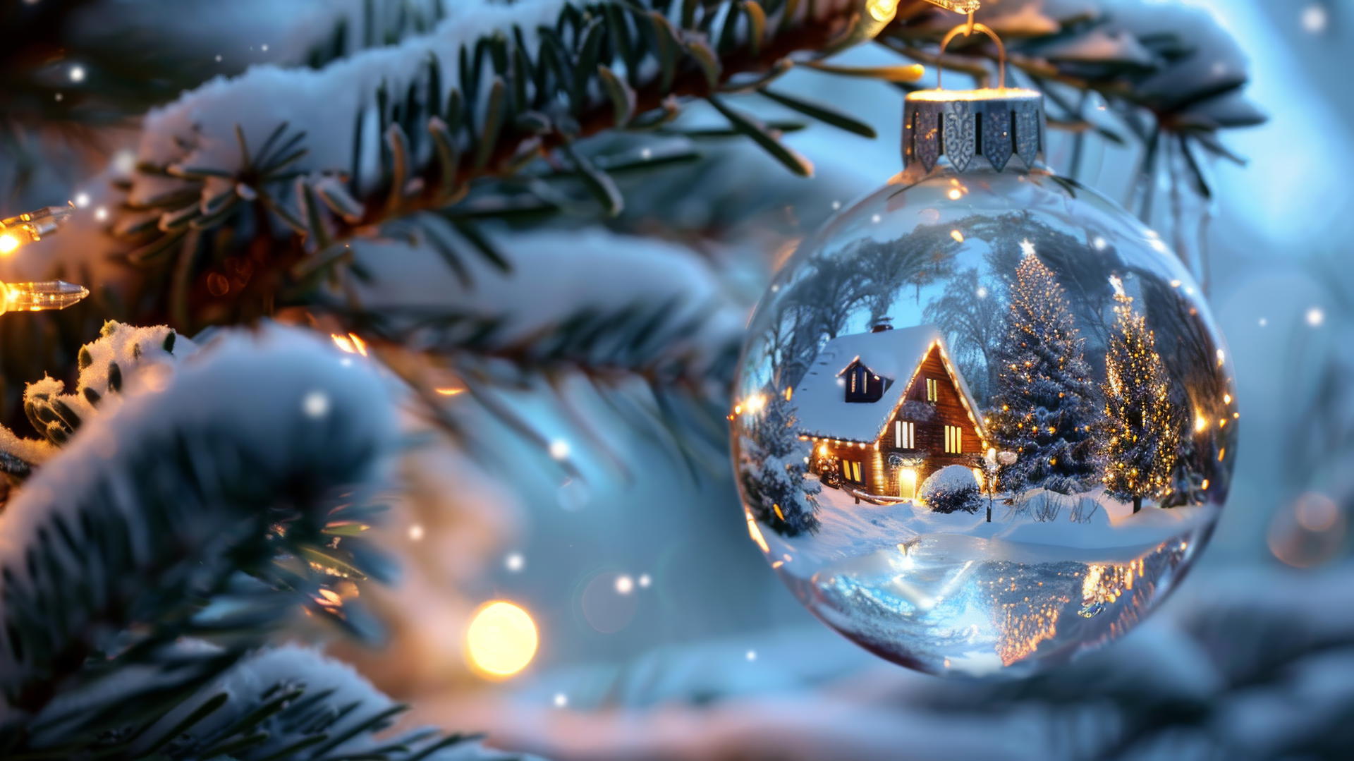 Glass Christmas balls with glowing villages on a tree