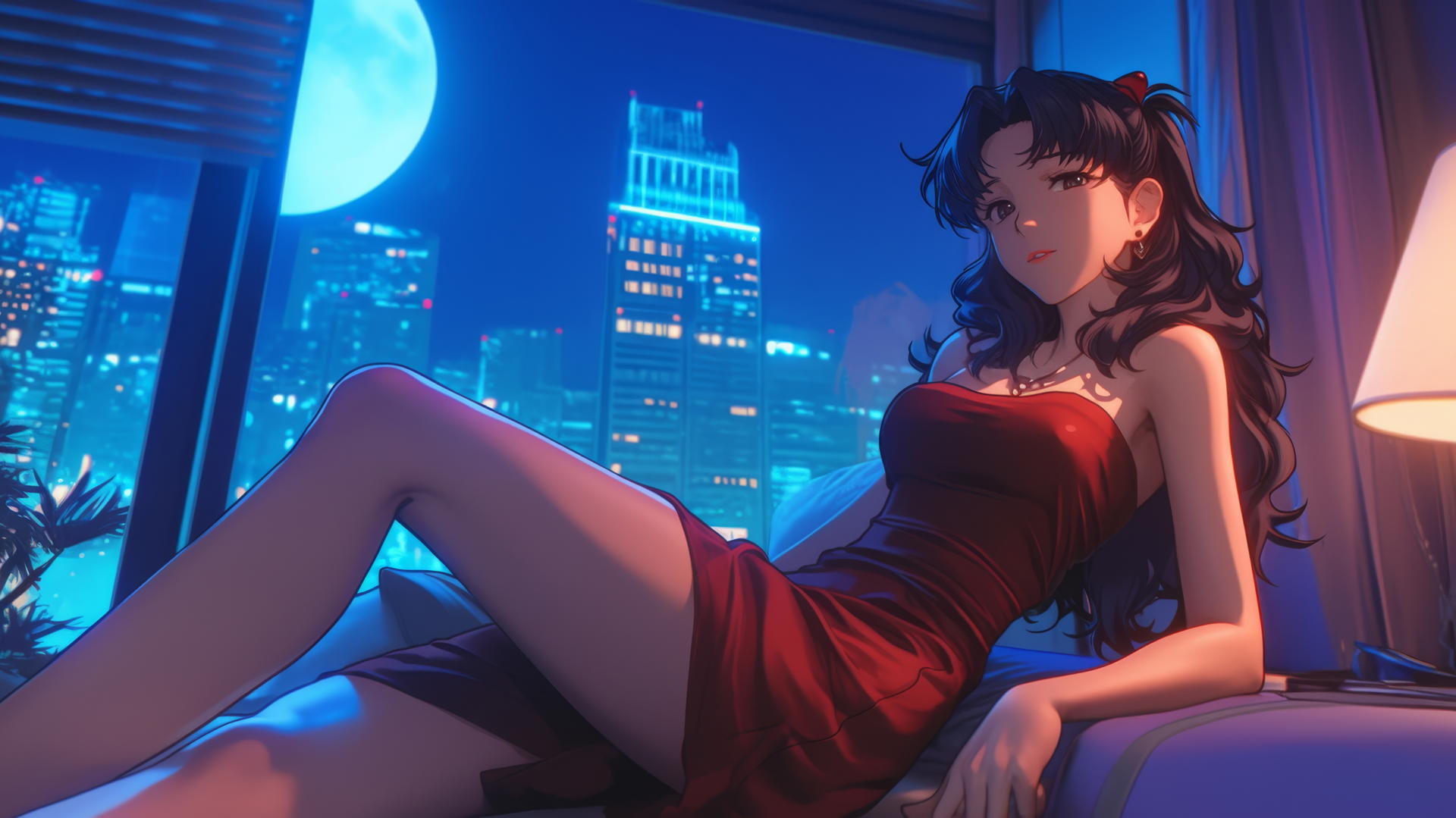 Misato Katsuragi with wavy violet hair relaxing in a moonlit hotel room.