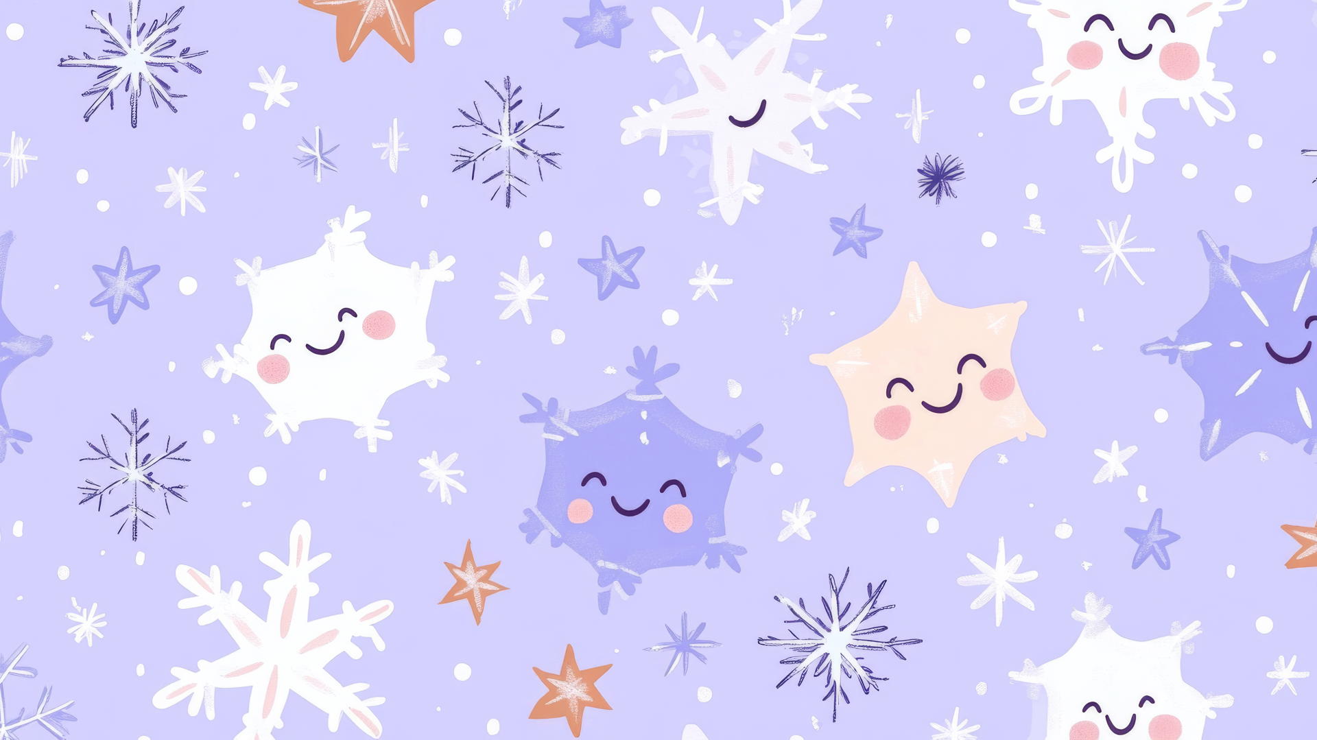 aesthetic preppy Christmas wallpaper with smiling snowflakes and stars on pastel purple background