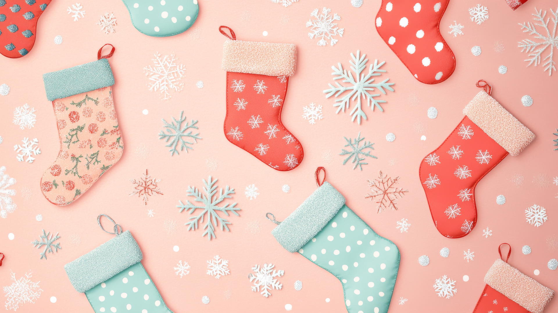 preppy Christmas wallpaper with pastel stockings, snowflakes, soft pink background