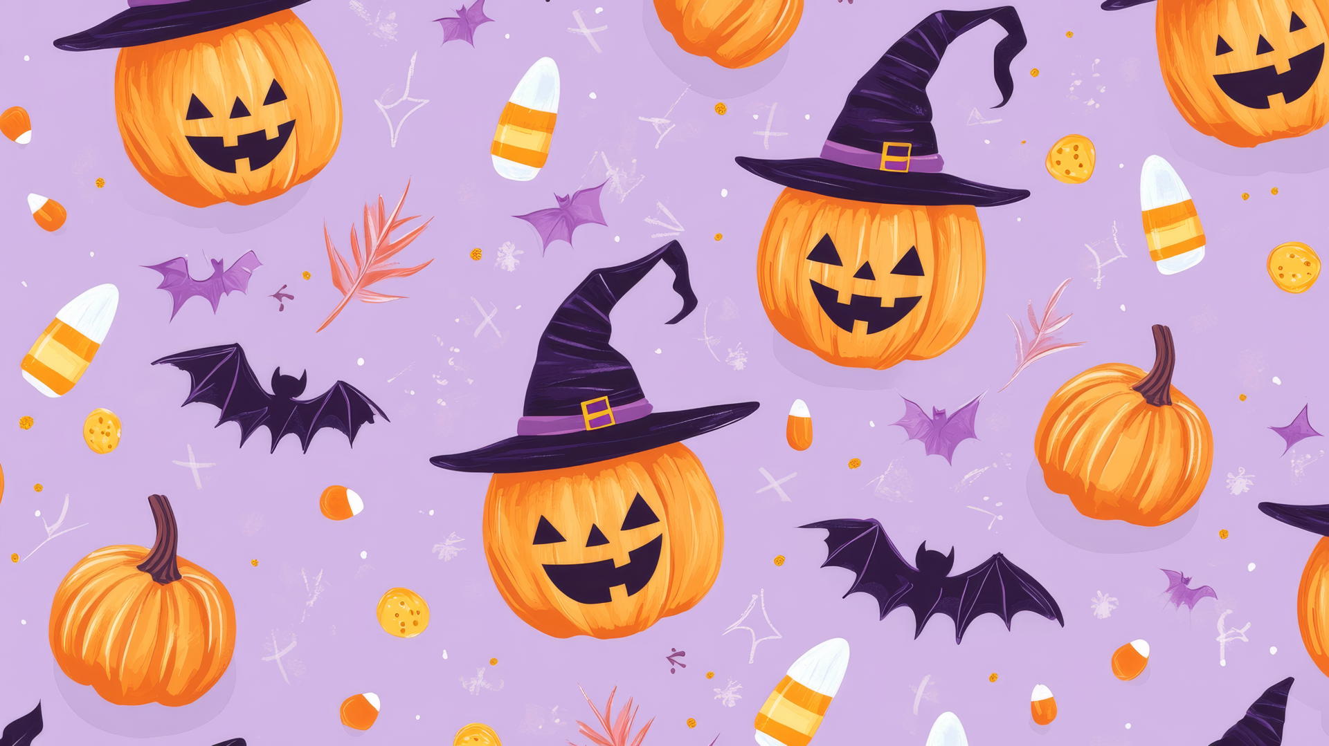 Halloween wallpaper preppy with cute witches, smiling pumpkins, and candy corn on pastel purple