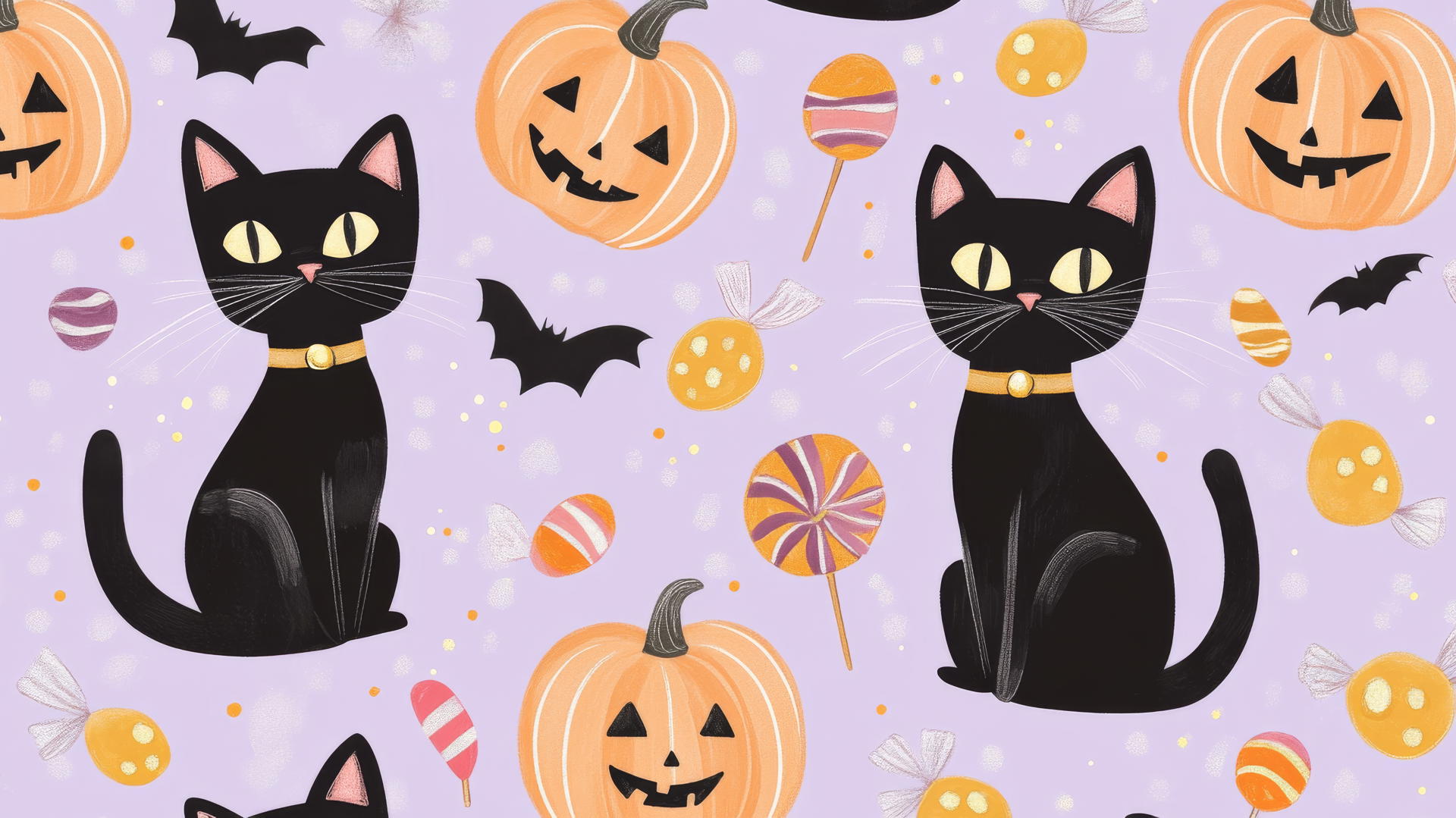Preppy Halloween wallpaper with black cats, pumpkins, and candy