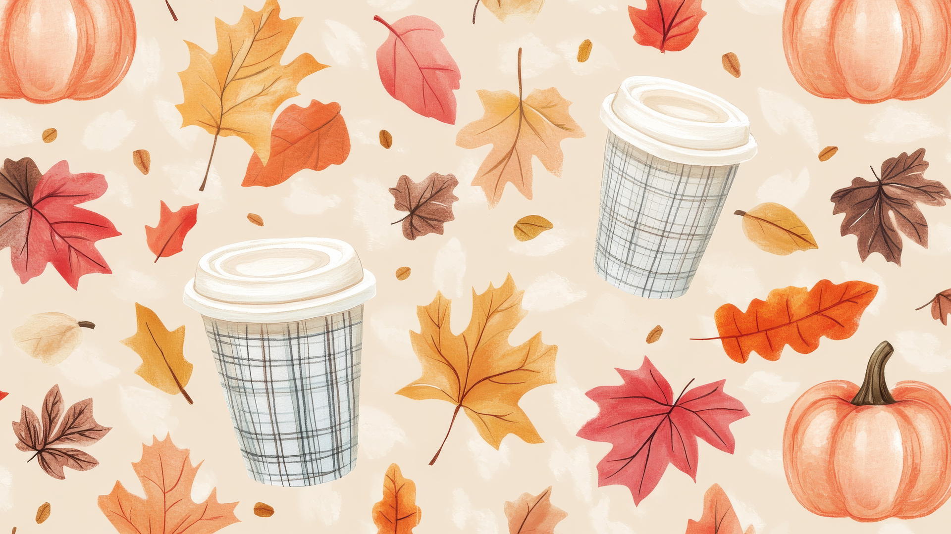 preppy fall wallpaper of pastel-colored leaves, pumpkins, and coffee cups