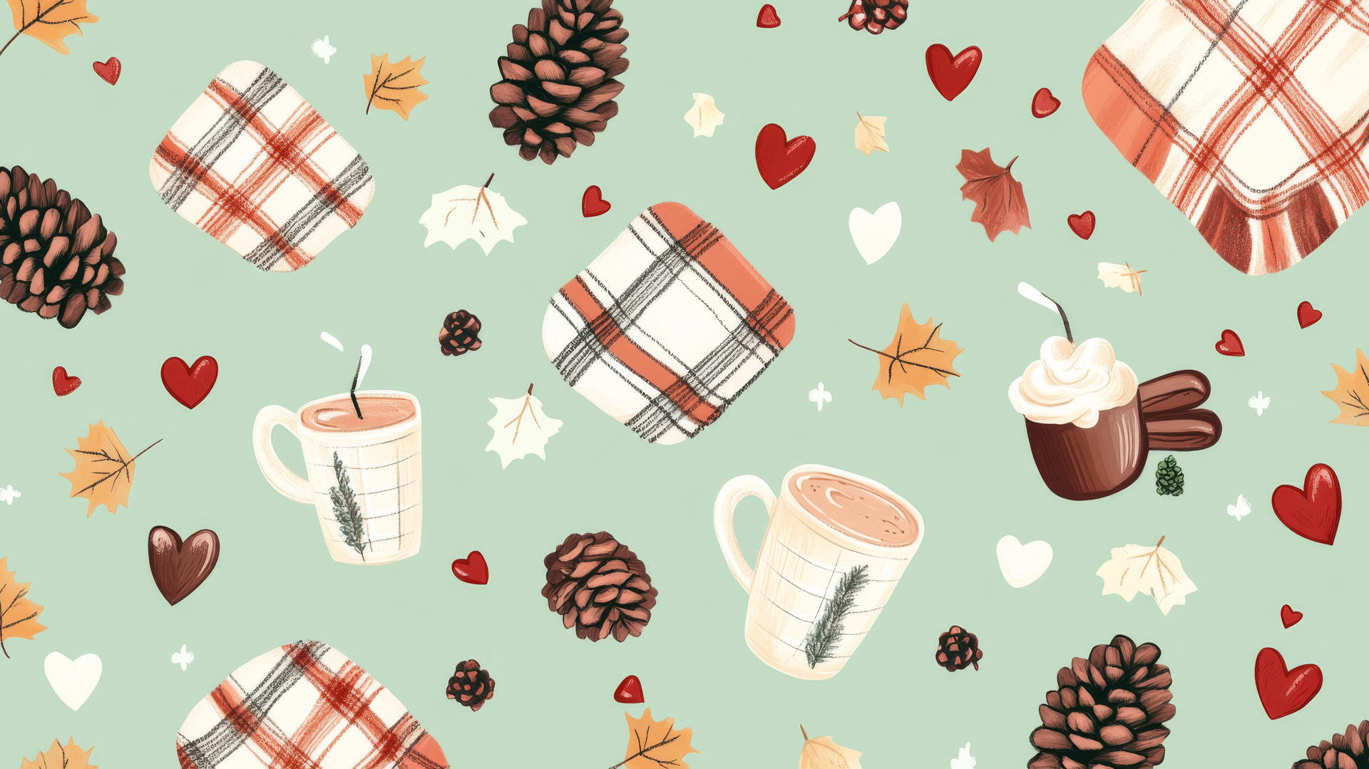 preppy fall wallpaper with pinecones, plaid blankets, hot cocoa mugs, hearts on pastel green