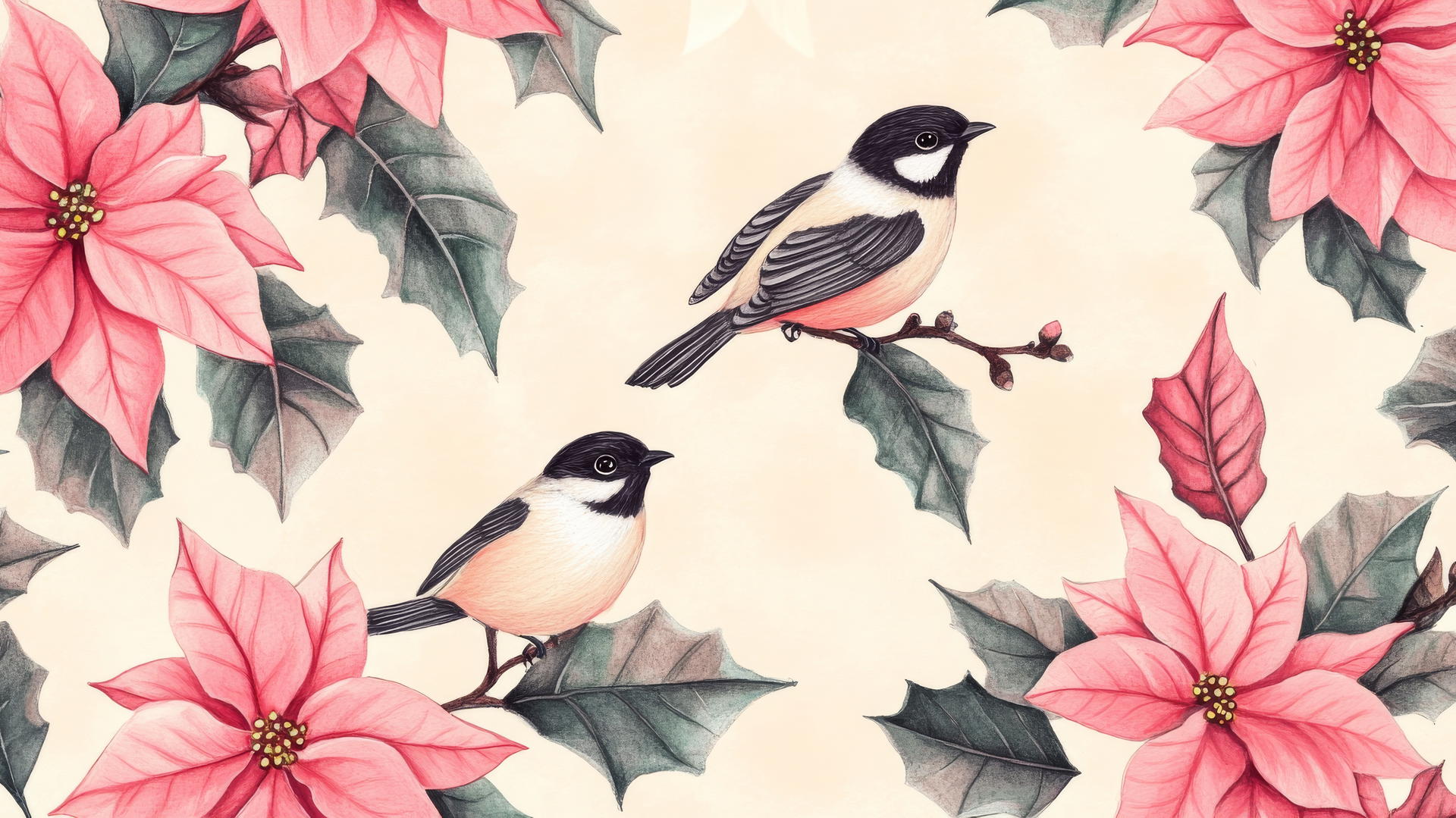 Preppy winter wallpaper with pink poinsettias and winter birds