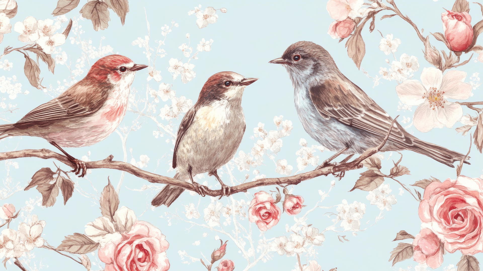 preppy spring wallpaper with songbirds on branches among pink cherry blossoms and white roses