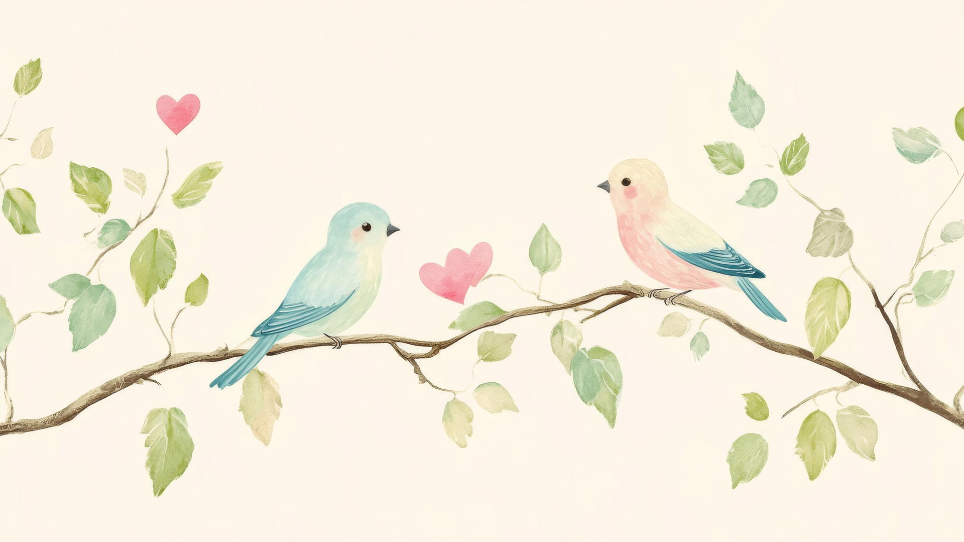 preppy valentines wallpaper with lovebirds, heart-shaped leaves on branches, in pastel colors.