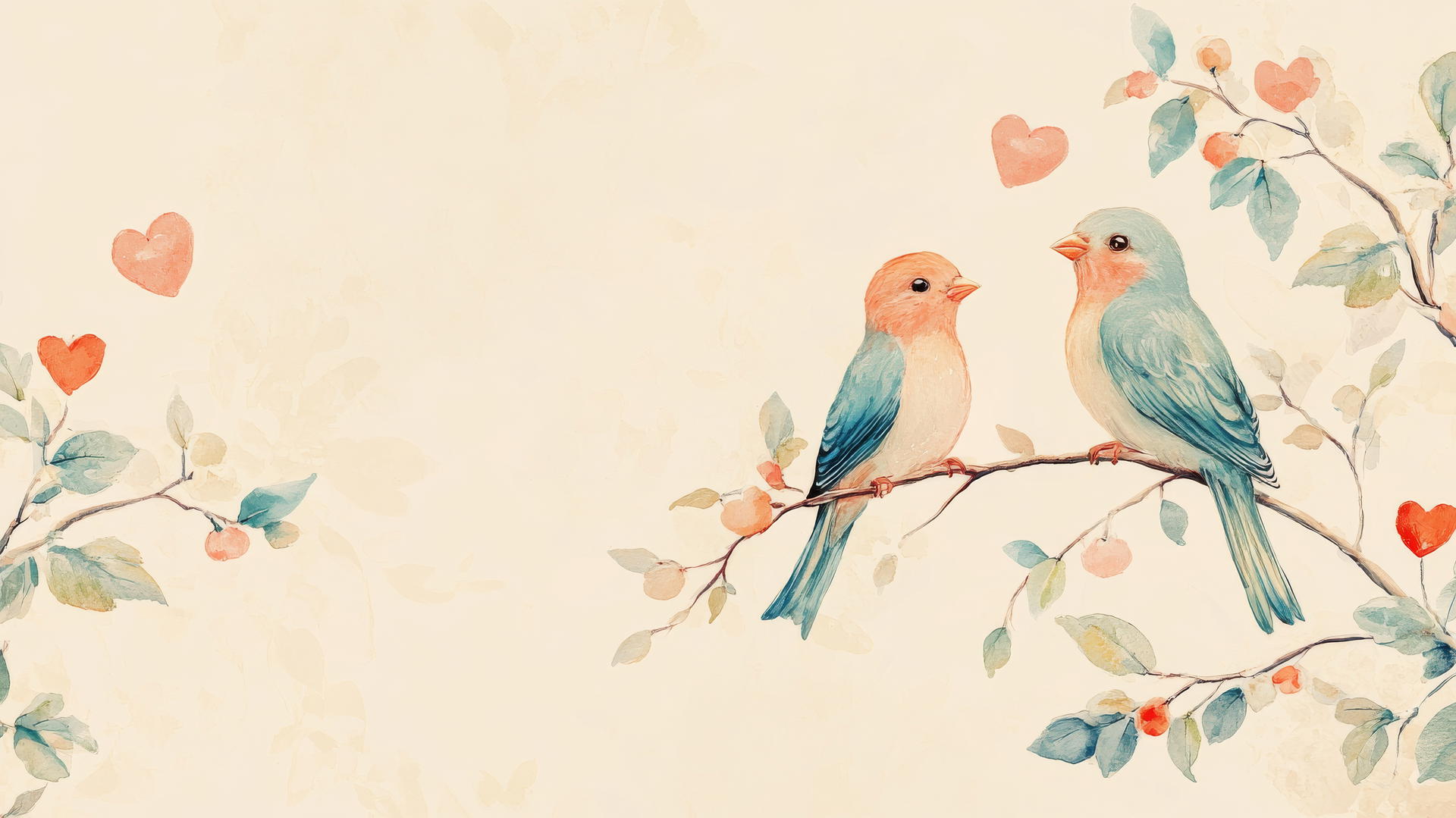 preppy valentines wallpaper with cute lovebirds on branches with heart-shaped leaves