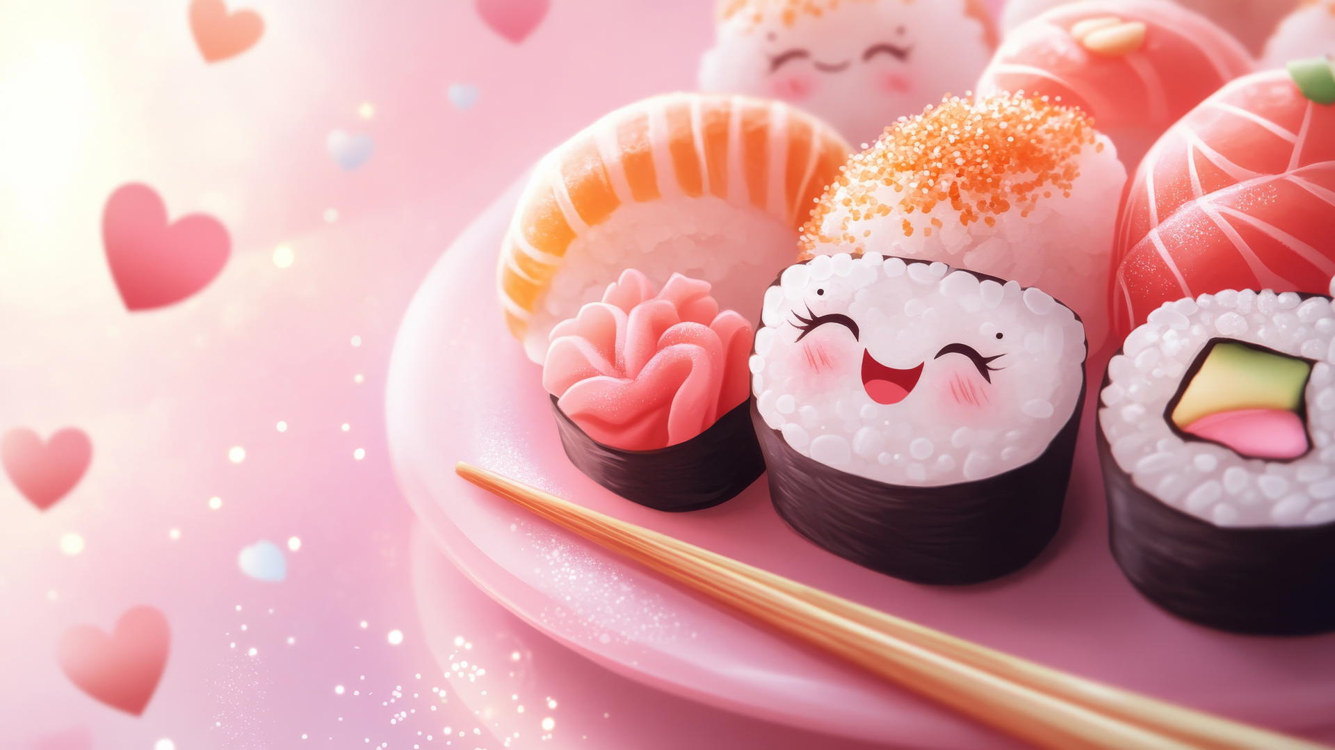 Wallpapers cute kawaii-style sushi platter, smiling sushi, pink background, hearts.