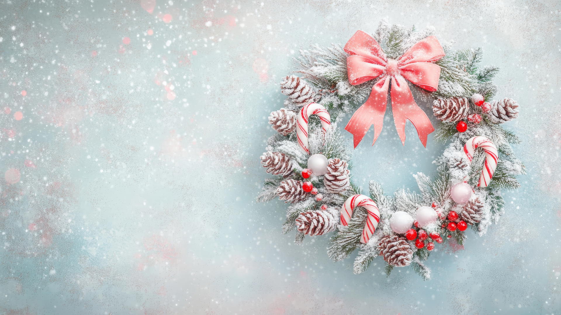 cute wallpapers for Christmas featuring pastel-colored Christmas wreath with holly, pinecones, candy canes, fluffy bow, snow