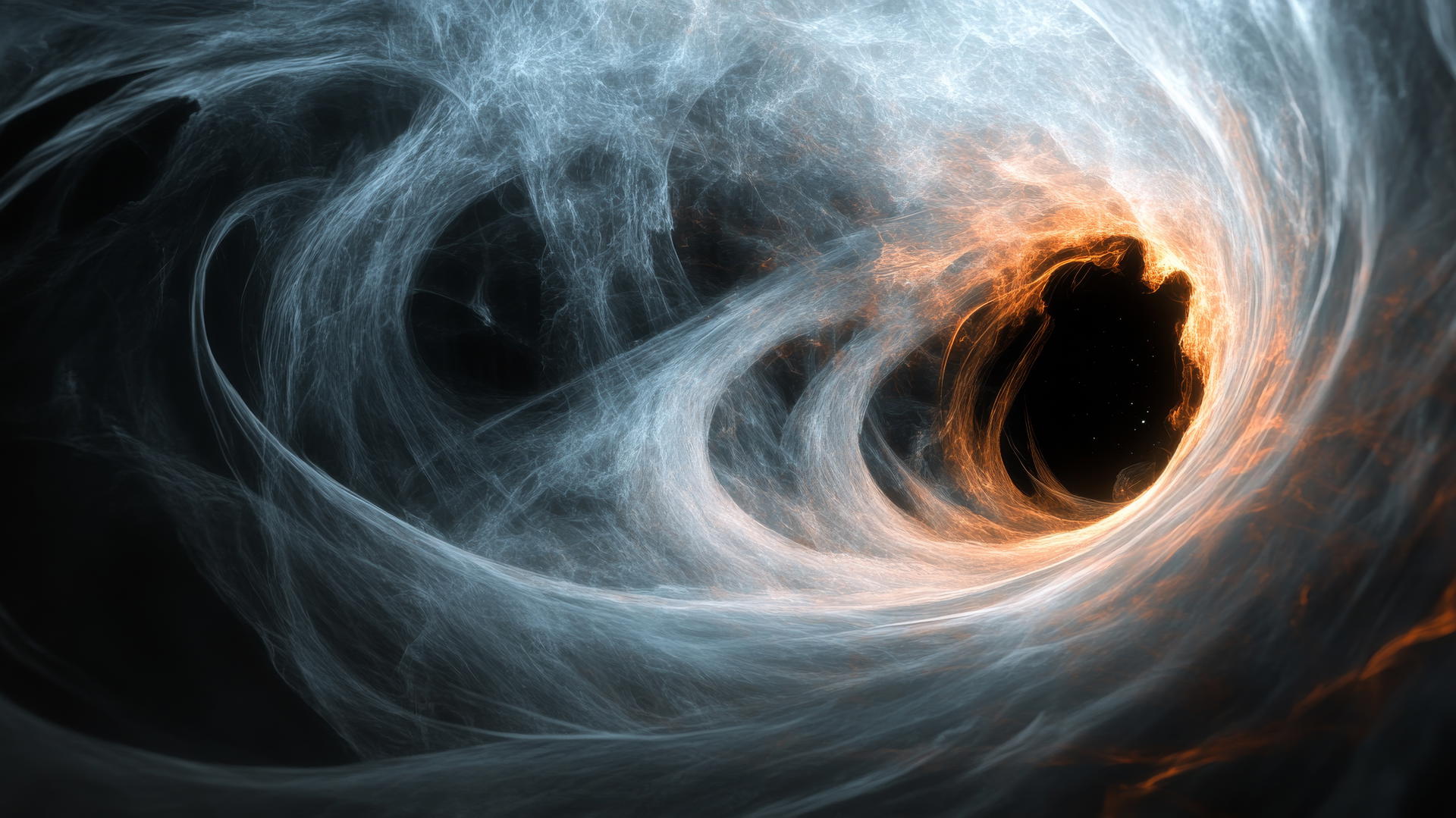 Black hole wallpaper with ghostly, translucent forms being drawn in
