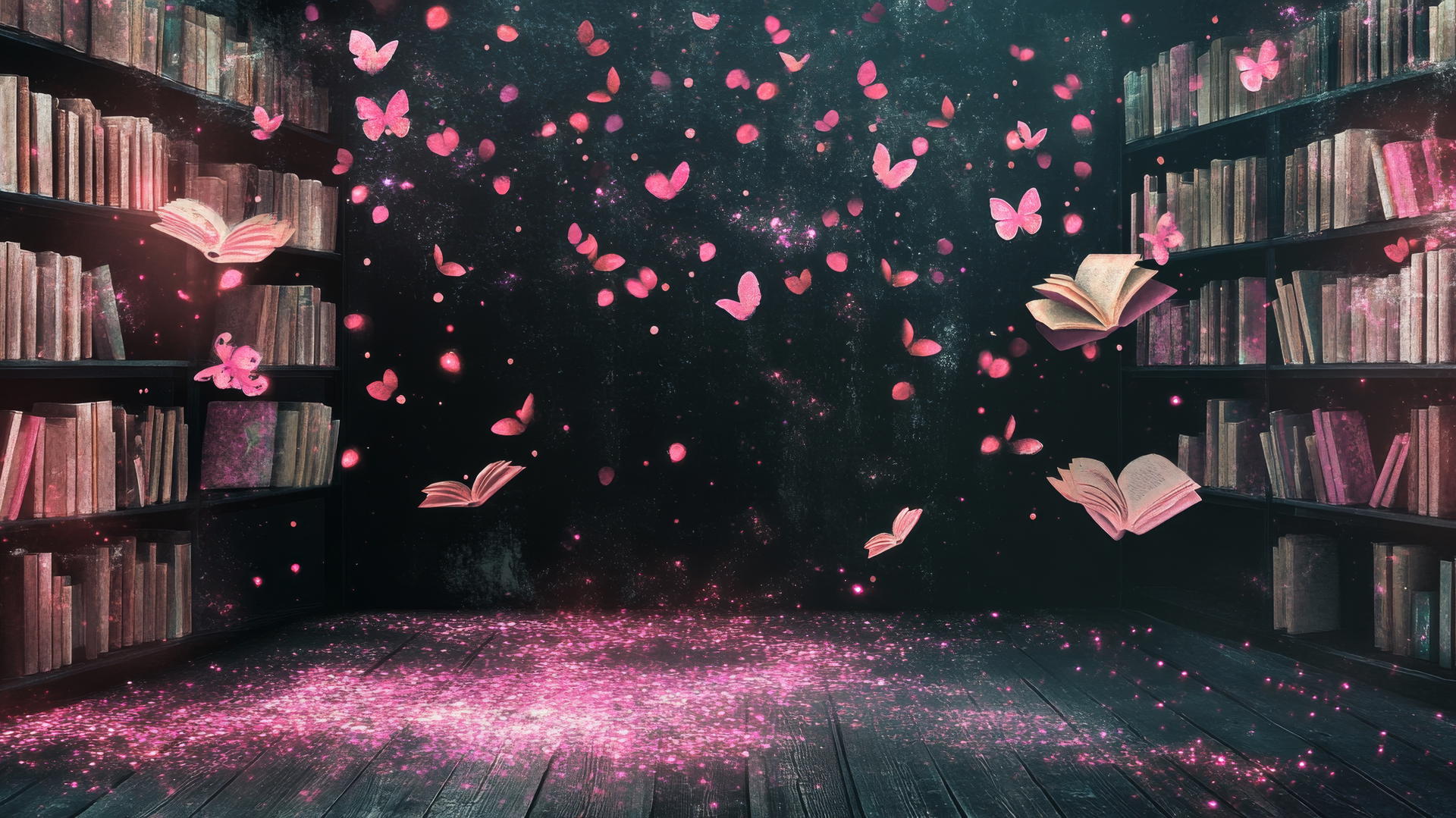 black wallpaper for girls featuring a magical library with floating pink books and glowing fairy dust