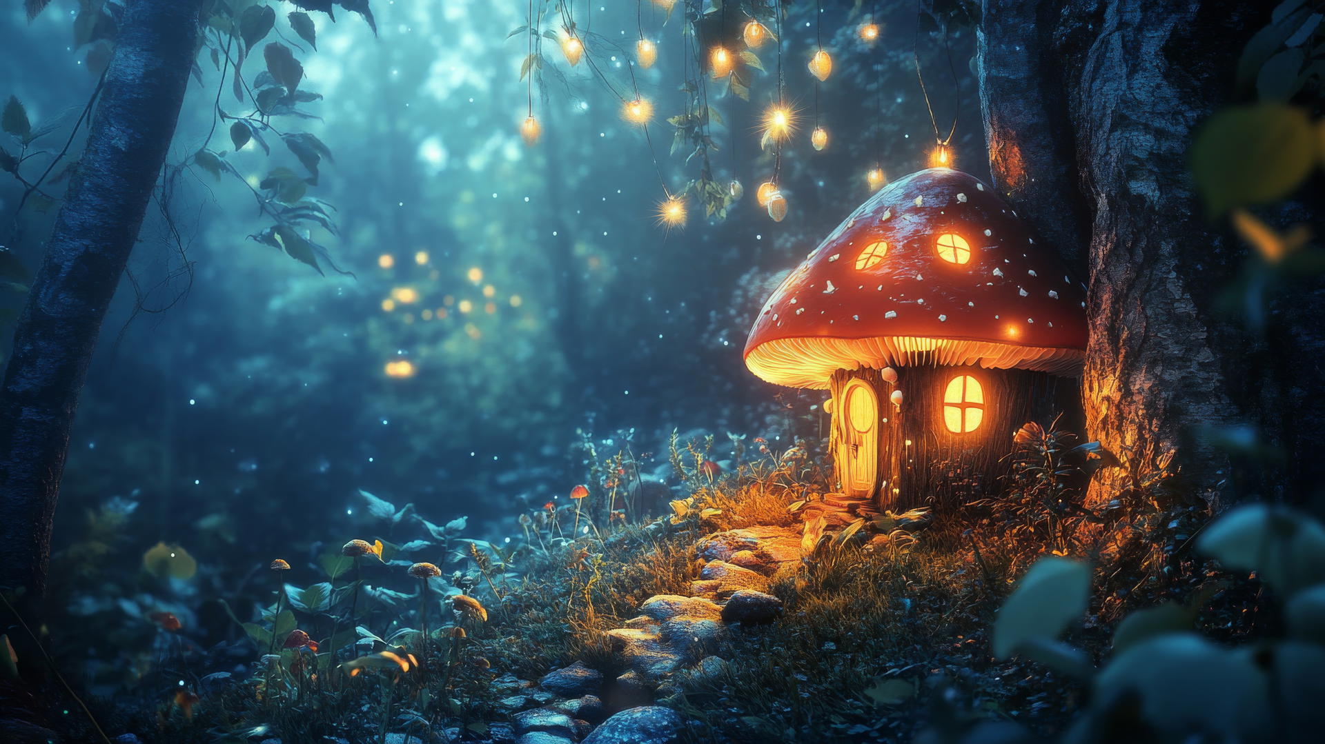 Black cute wallpaper of a glowing mushroom house in a dark forest with twinkling lights.