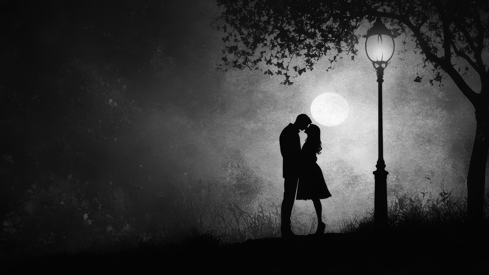 Silhouette of a couple kissing under a streetlamp with a soft glow, black and white aesthetic wallpaper