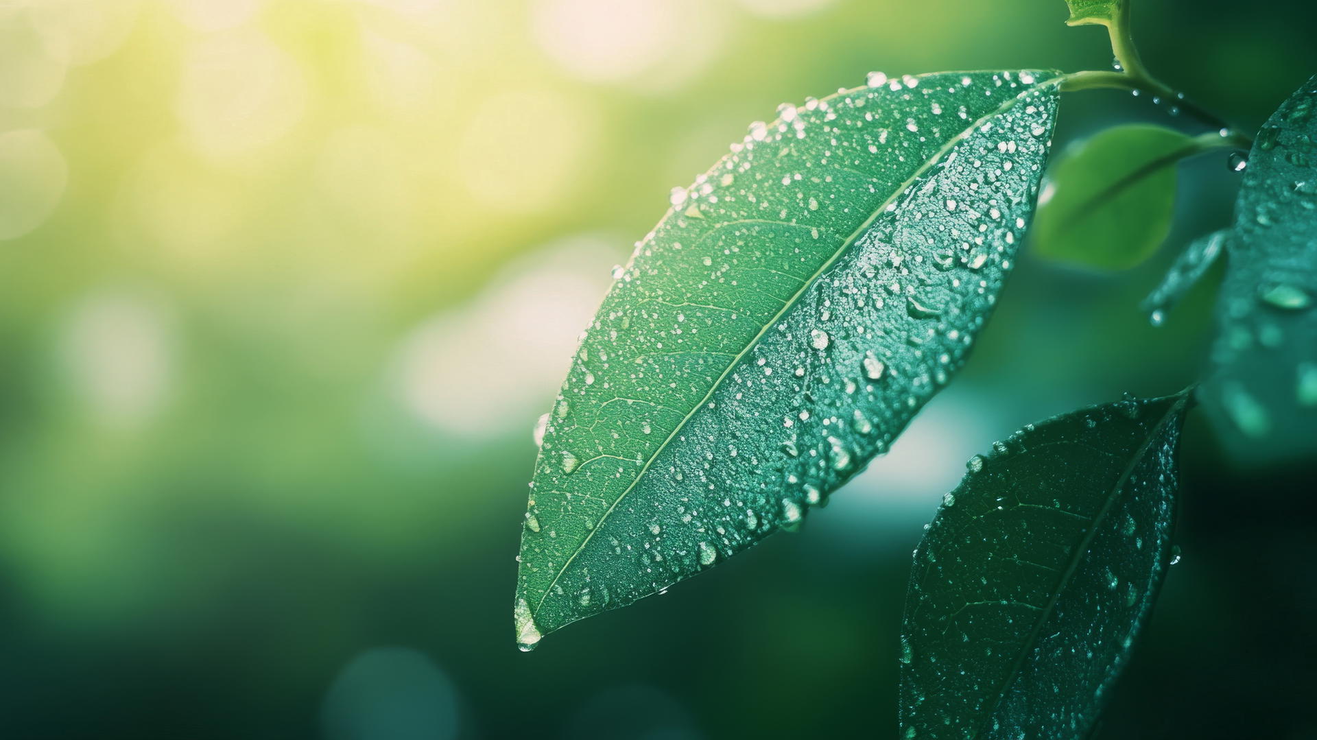 green aesthetic wallpaper with a dewy leaf and bokeh effect