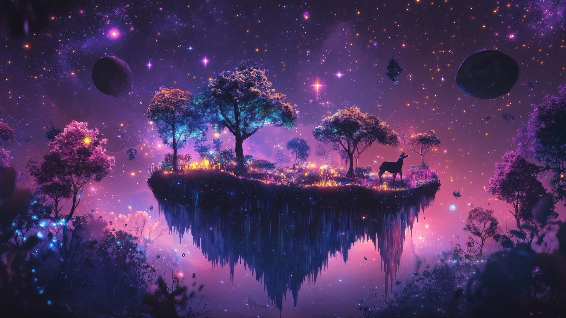 Y2K star wallpaper with floating digital island, neon trees, pixelated animals, and holographic constellations