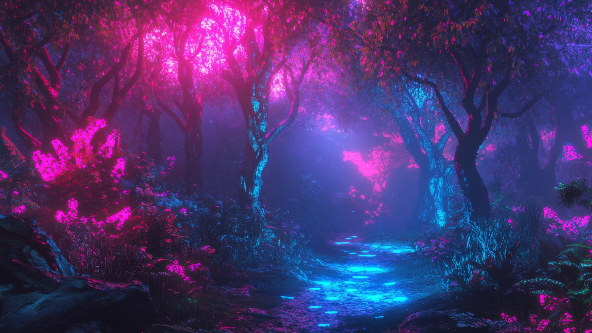 y2k aesthetic wallpaper with neon trees, pixelated wildlife, holographic mist