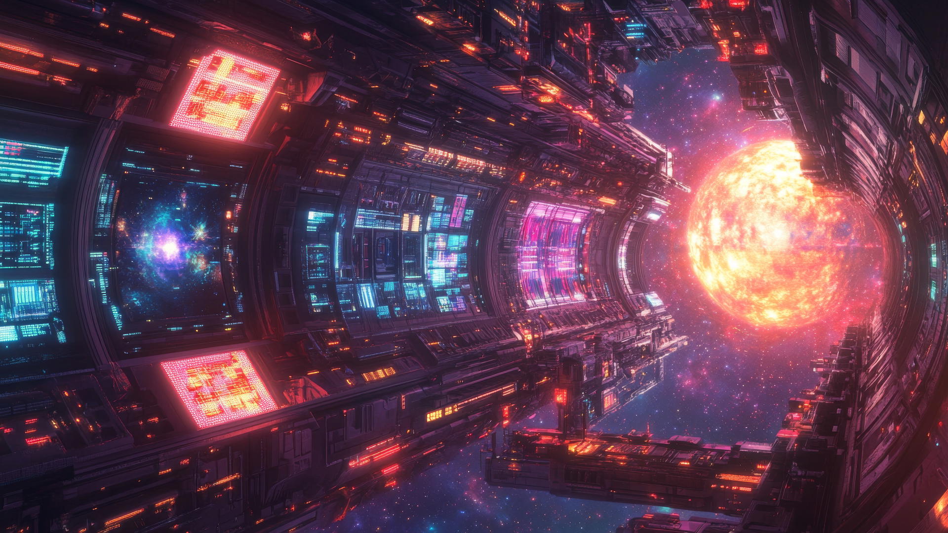 Cyber Y2K star wallpaper with space station, holographic panels, neon lights, and digital stars