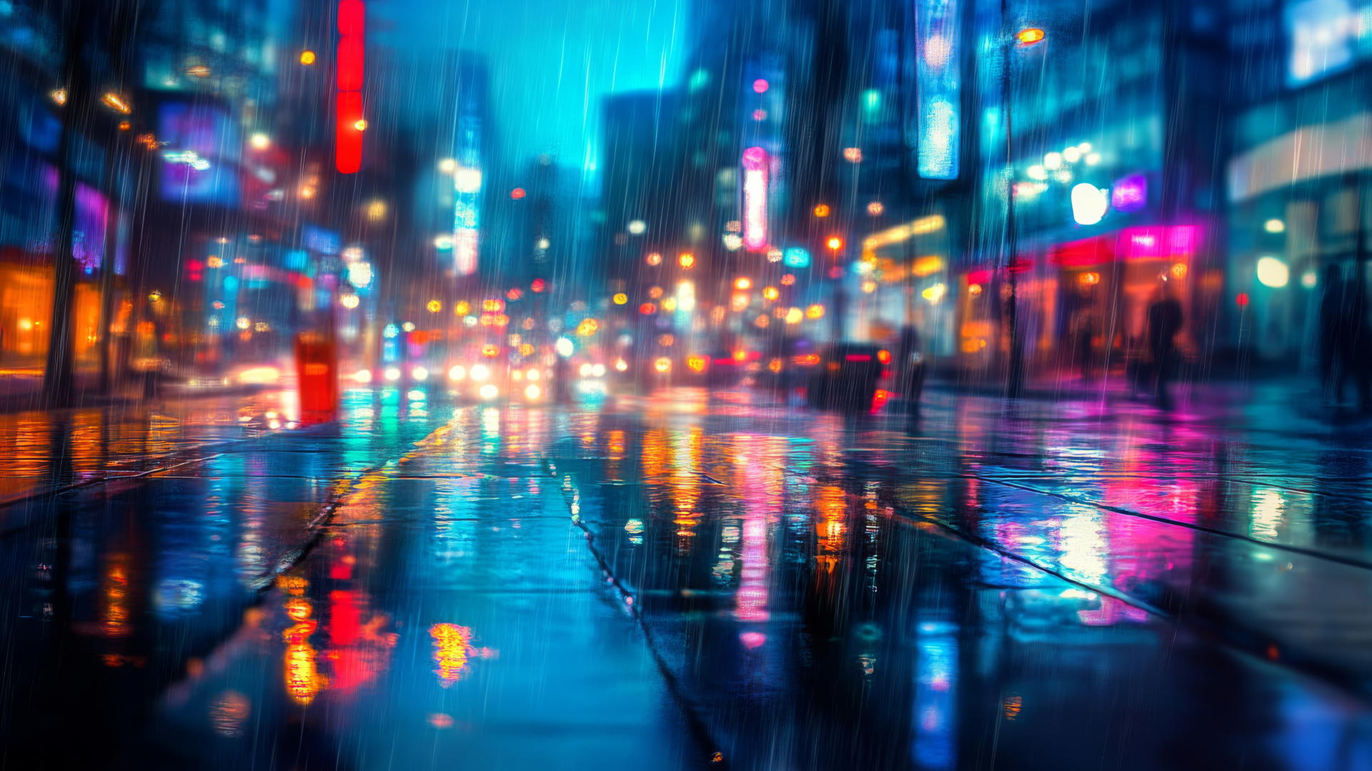 wallpaper blue rainy city street with light reflections