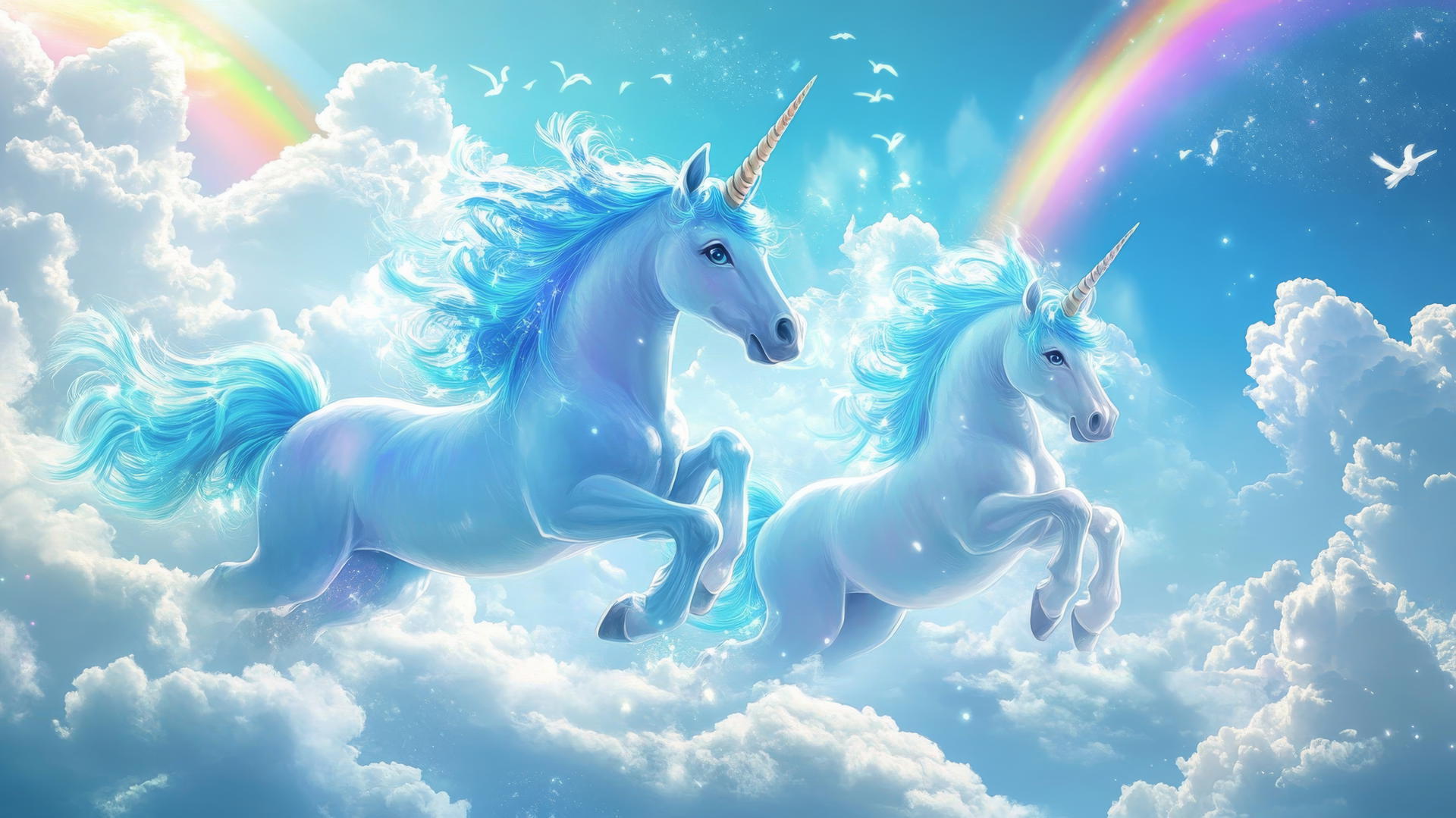 blue wallpaper for kids with cute, smiling unicorns, clouds, and rainbows
