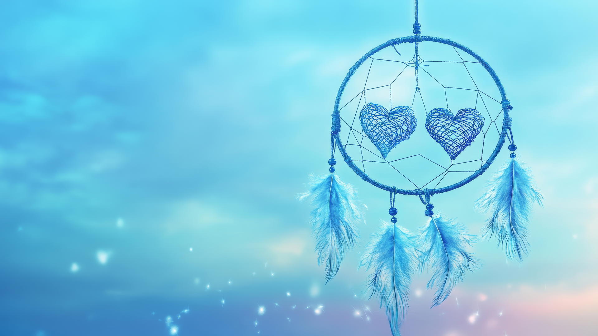 blue heart wallpaper with a dreamcatcher made of intertwined blue hearts and delicate feathers